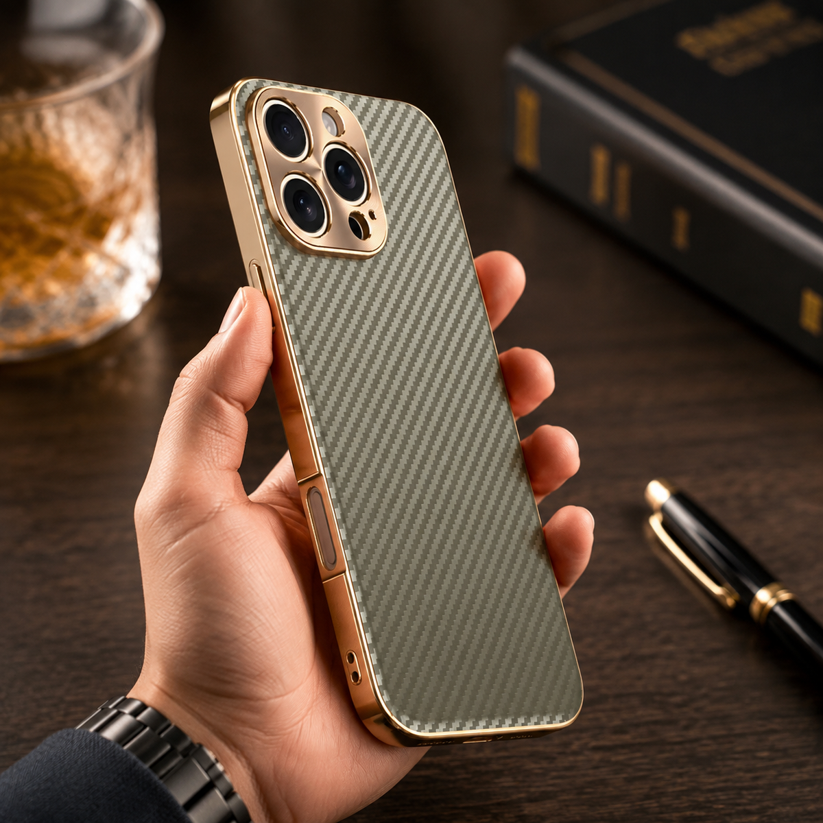 Premium iPhone Case Carbon Fiber Textured Leather Protective Cover Alloy Metal Lens Guard Shockproof Slim Fit Durable Anti Scratch Lightweight Design