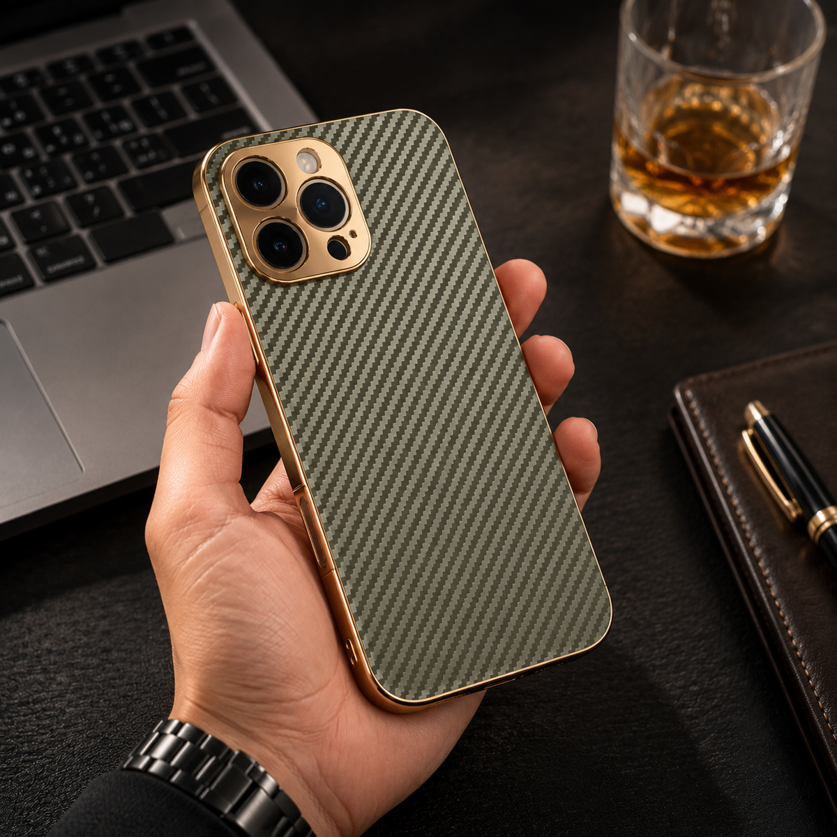 Premium iPhone Case Carbon Fiber Textured Leather Protective Cover Alloy Metal Lens Guard Shockproof Slim Fit Durable Anti Scratch Lightweight Design