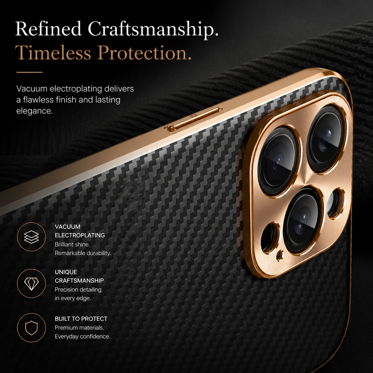 Premium iPhone Case Carbon Fiber Textured Leather Protective Cover Alloy Metal Lens Guard Shockproof Slim Fit Durable Anti Scratch Lightweight Design