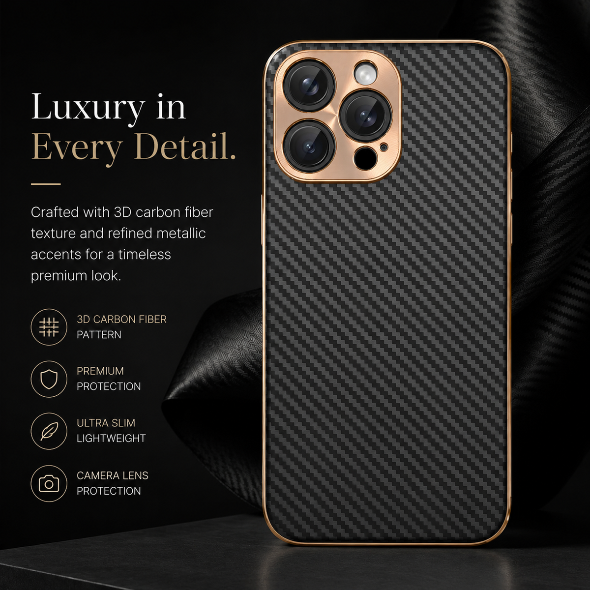 Premium iPhone Case Carbon Fiber Textured Leather Protective Cover Alloy Metal Lens Guard Shockproof Slim Fit Durable Anti Scratch Lightweight Design