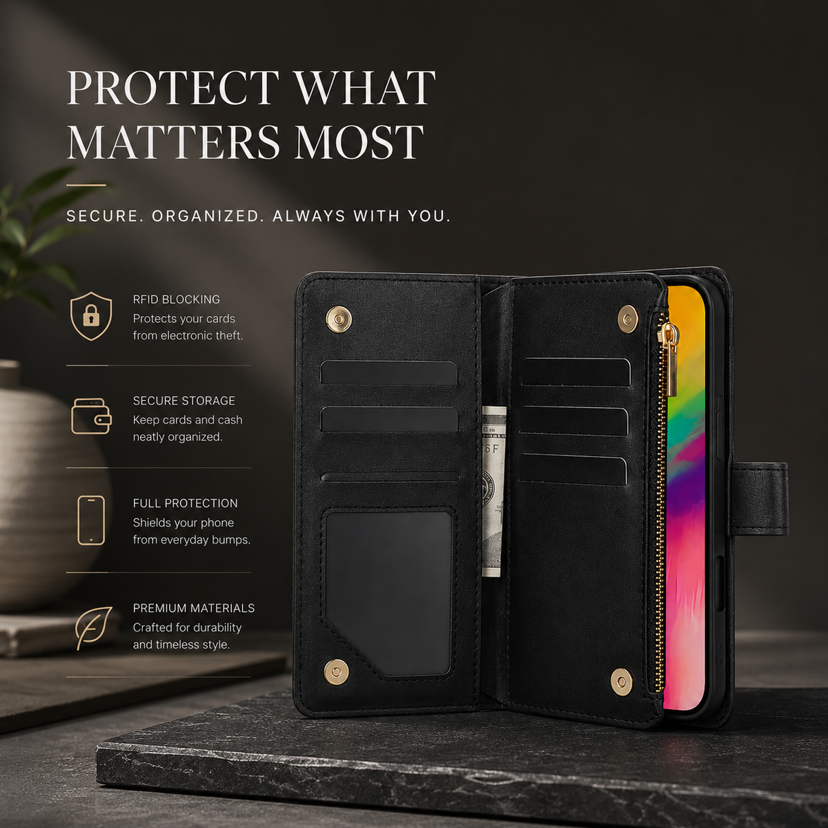 Premium iPhone Case Chain Zipper Wallet Flip Cover 6 Card Slots Magnetic Closure Shockproof Leather Protection Full Coverage Slim Stand Design