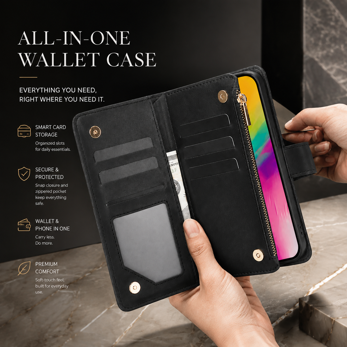 Premium iPhone Case Chain Zipper Wallet Flip Cover 6 Card Slots Magnetic Closure Shockproof Leather Protection Full Coverage Slim Stand Design