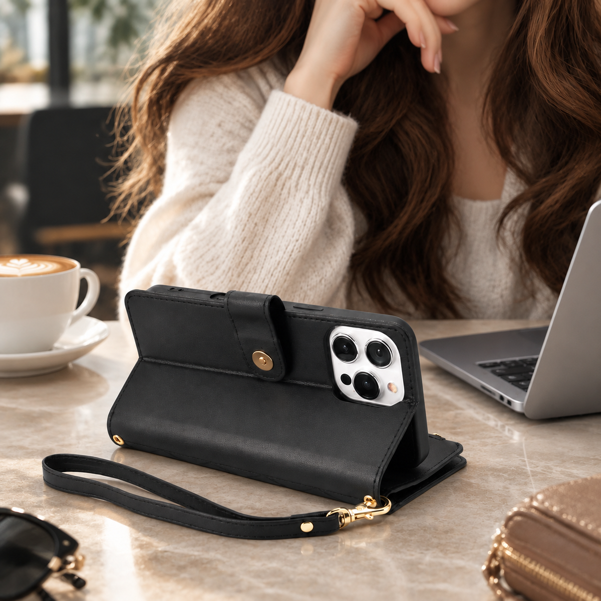 Premium iPhone Case Chain Zipper Wallet Flip Cover 6 Card Slots Magnetic Closure Shockproof Leather Protection Full Coverage Slim Stand Design