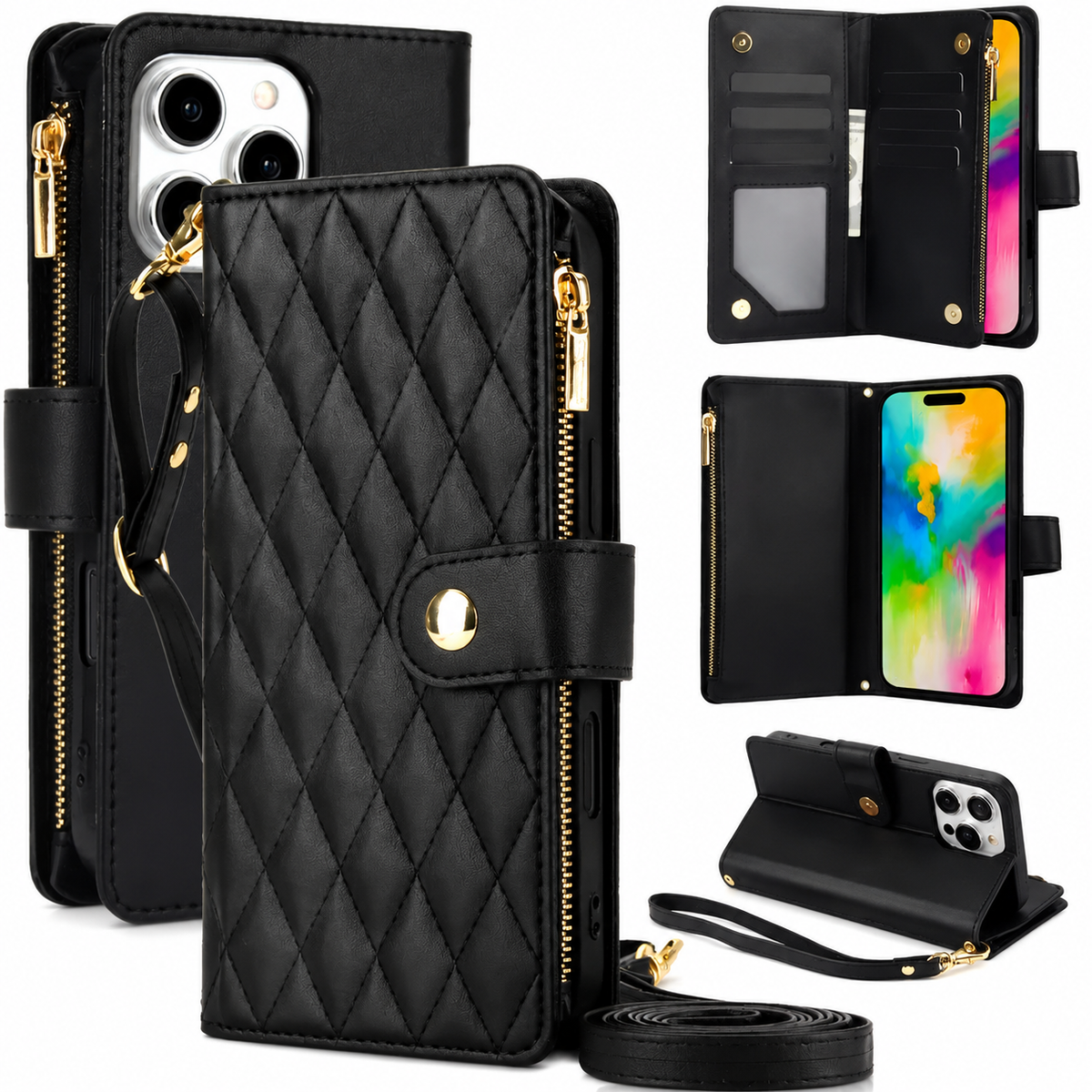 Premium iPhone Case Chain Zipper Wallet Flip Cover 6 Card Slots Magnetic Closure Shockproof Leather Protection Full Coverage Slim Stand Design