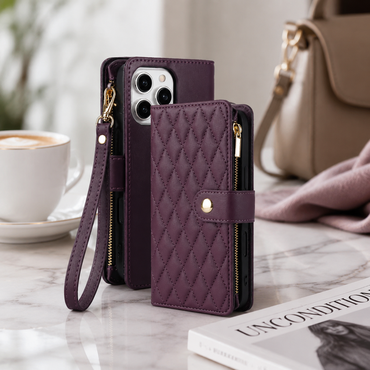 Premium iPhone Case Chain Zipper Wallet Flip Cover 6 Card Slots Magnetic Closure Shockproof Leather Protection Full Coverage Slim Stand Design