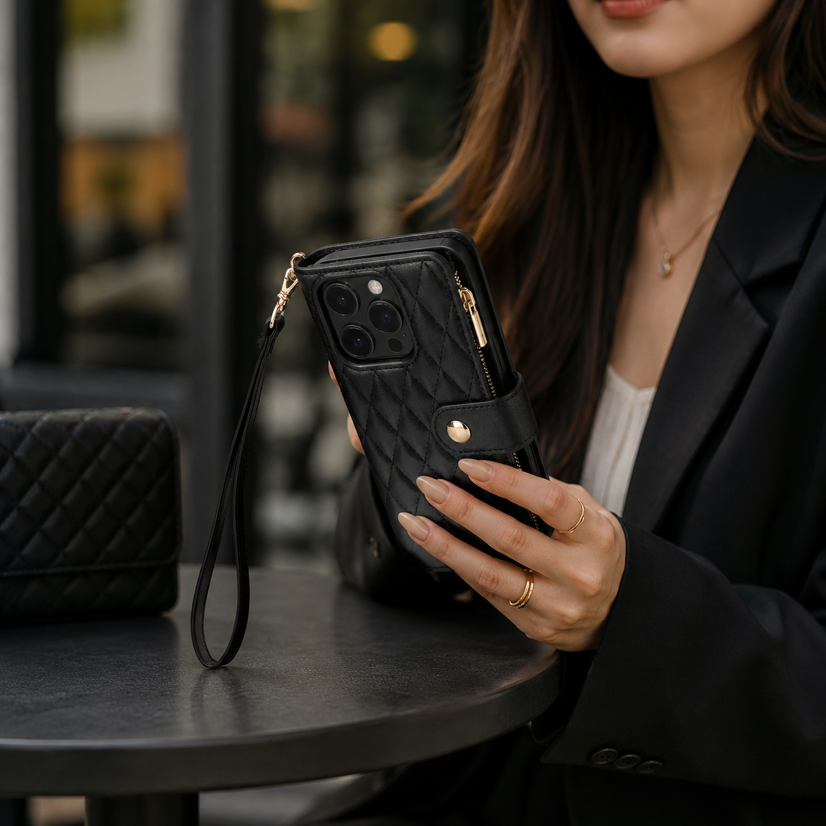 Premium iPhone Case Chain Zipper Wallet Flip Cover 6 Card Slots Magnetic Closure Shockproof Leather Protection Full Coverage Slim Stand Design