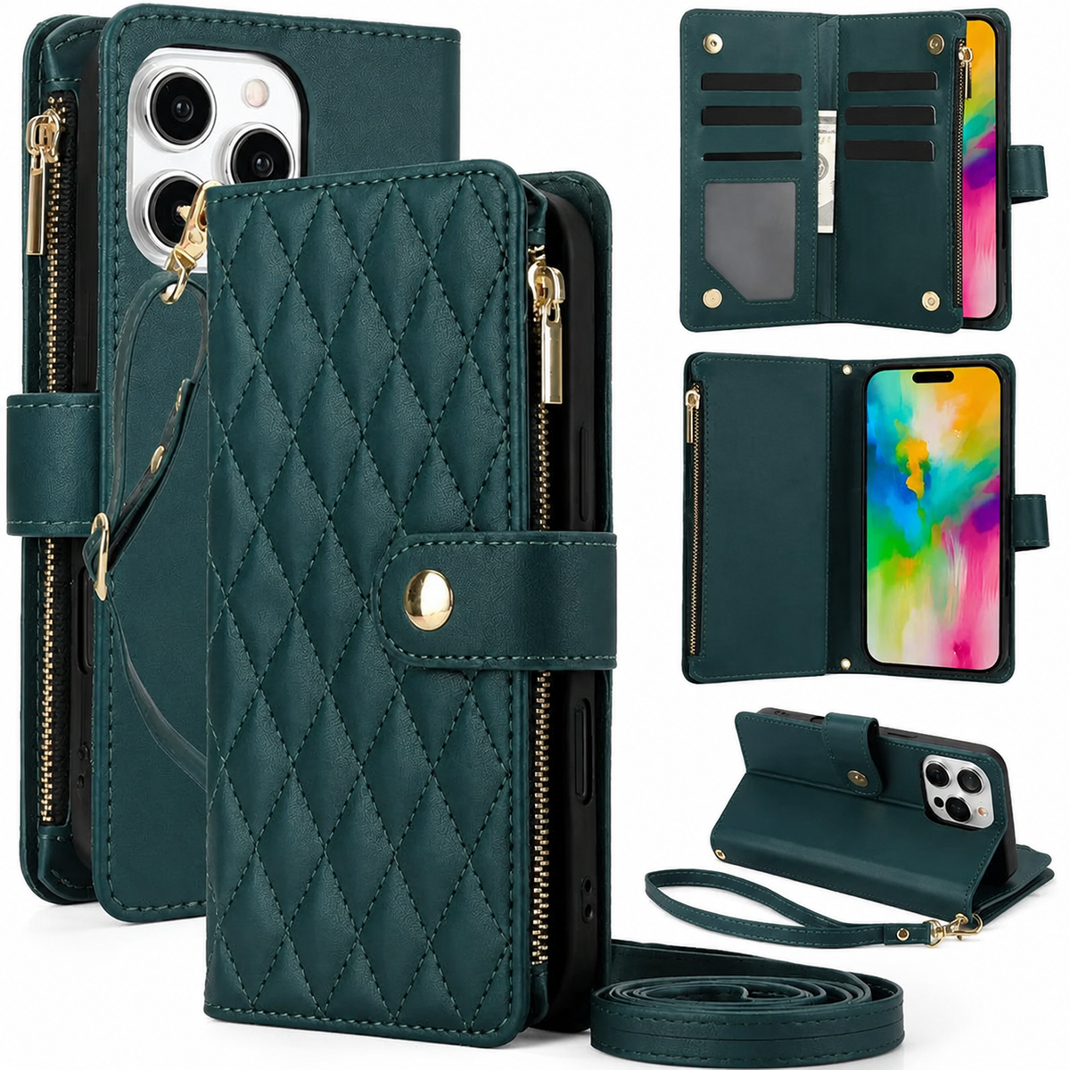 Premium iPhone Case Chain Zipper Wallet Flip Cover 6 Card Slots Magnetic Closure Shockproof Leather Protection Full Coverage Slim Stand Design