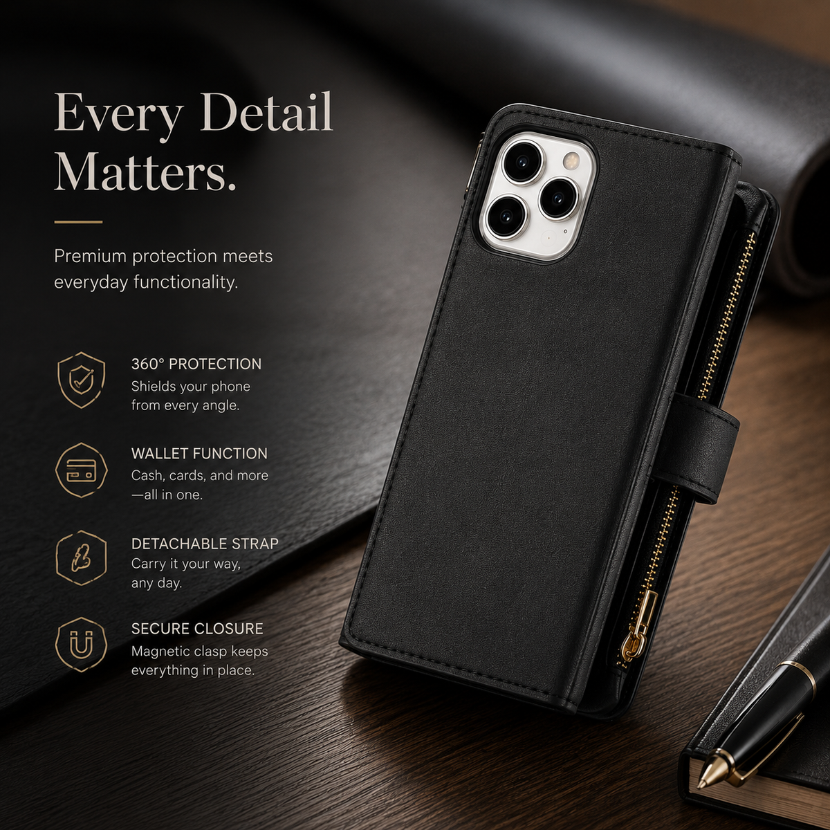 Premium iPhone Case Chain Zipper Wallet Flip Cover 6 Card Slots Magnetic Closure Shockproof Leather Protection Full Coverage Slim Stand Design