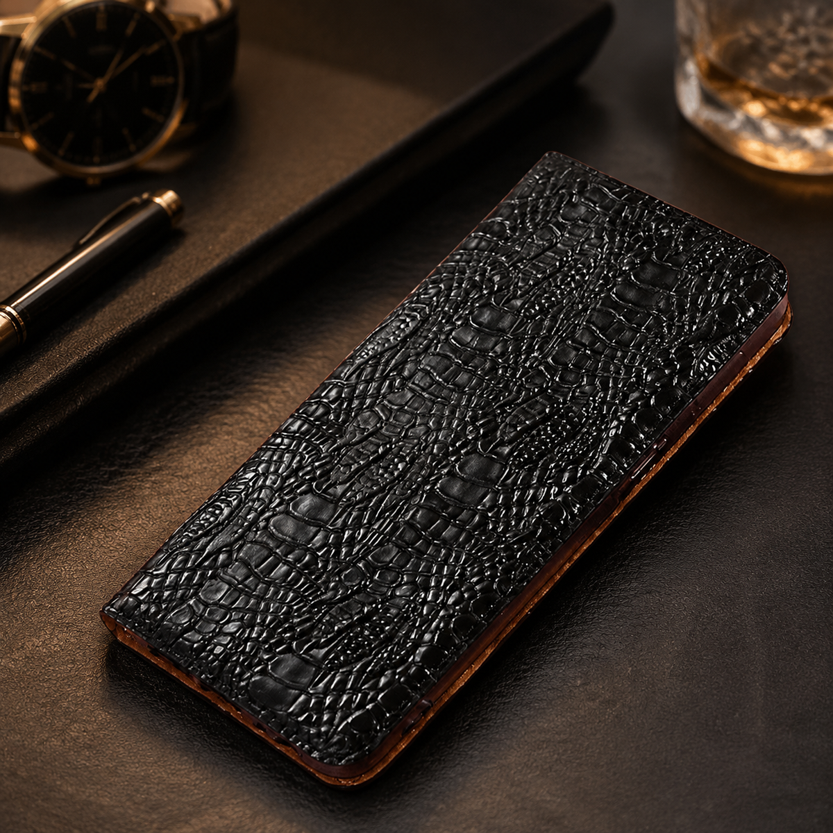 Premium iPhone Case Crocodile Texture Genuine Leather Flip Cover Card Pocket Non Slip Shockproof Full Protection Slim Elegant Magnetic Closure Design
