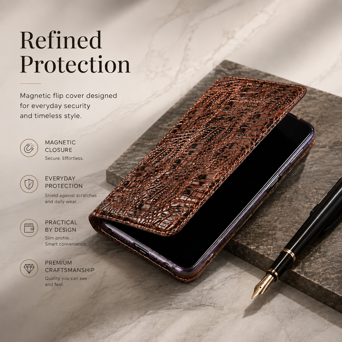 Premium iPhone Case Crocodile Texture Genuine Leather Flip Cover Card Pocket Non Slip Shockproof Full Protection Slim Elegant Magnetic Closure Design