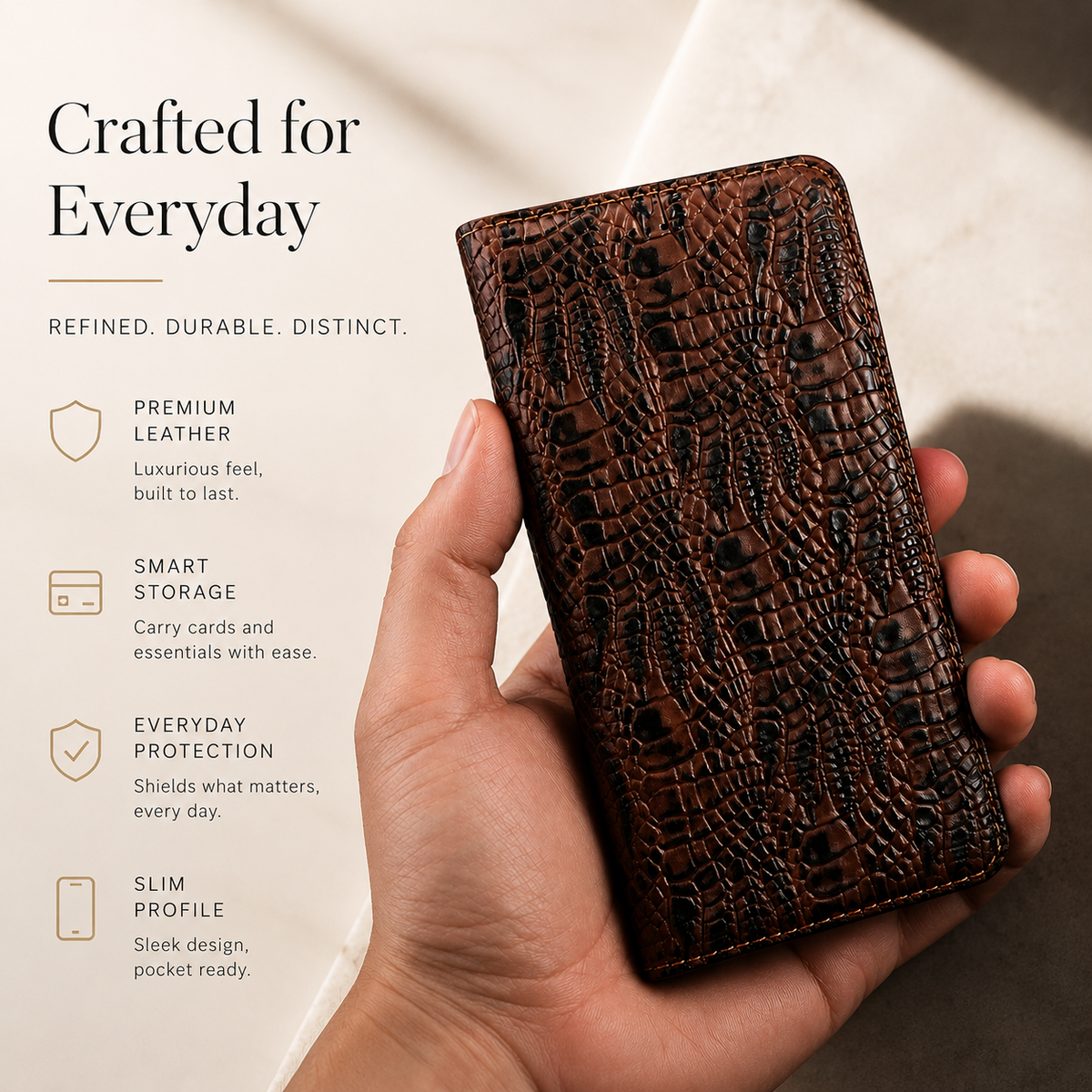 Premium iPhone Case Crocodile Texture Genuine Leather Flip Cover Card Pocket Non Slip Shockproof Full Protection Slim Elegant Magnetic Closure Design