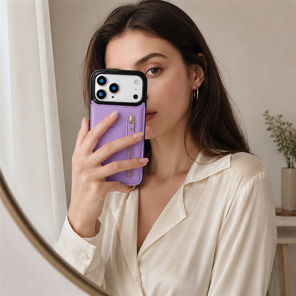Premium iPhone Case Crossbody Leather RFID Wallet Card Holder Zipper Pocket Lanyard Shockproof Protective Cover Anti Fingerprint Anti Scratch Secure Storage