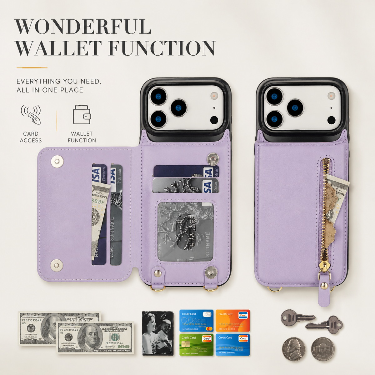 Premium iPhone Case Crossbody Leather RFID Wallet Card Holder Zipper Pocket Lanyard Shockproof Protective Cover Anti Fingerprint Anti Scratch Secure Storage