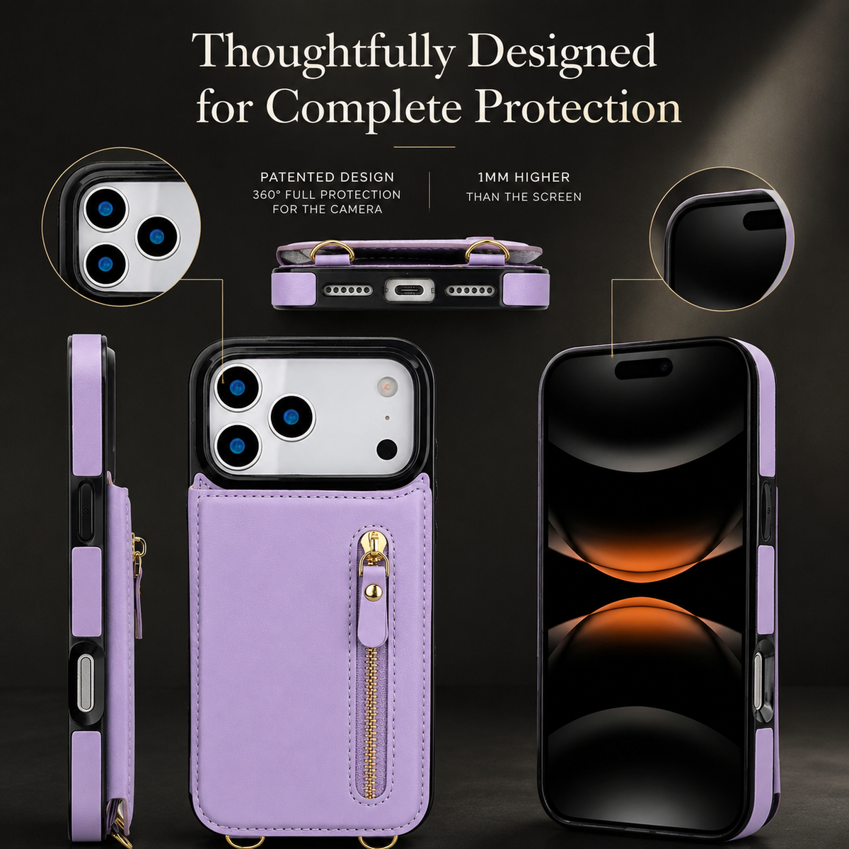 Premium iPhone Case Crossbody Leather RFID Wallet Card Holder Zipper Pocket Lanyard Shockproof Protective Cover Anti Fingerprint Anti Scratch Secure Storage