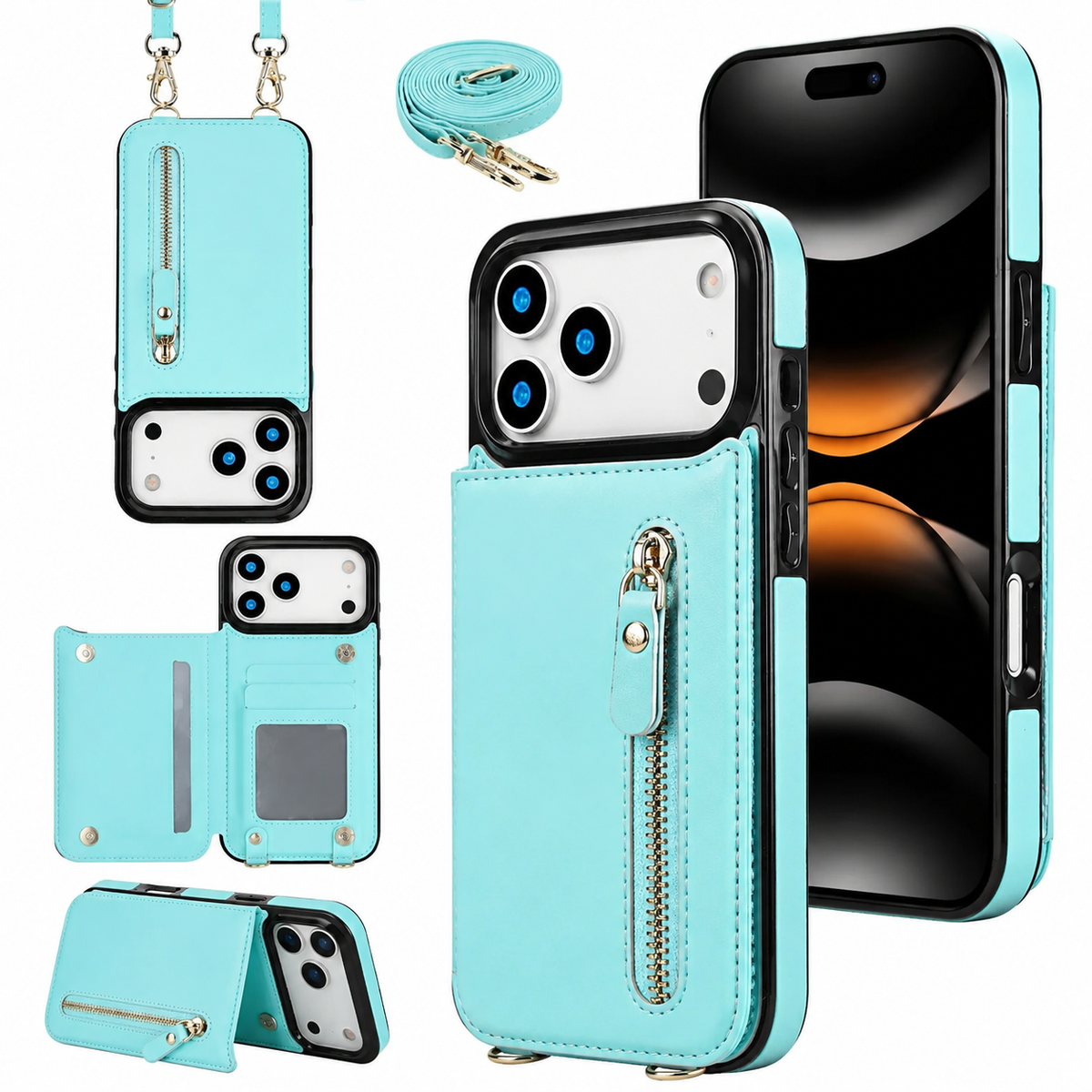 Premium iPhone Case Crossbody Leather RFID Wallet Card Holder Zipper Pocket Lanyard Shockproof Protective Cover Anti Fingerprint Anti Scratch Secure Storage