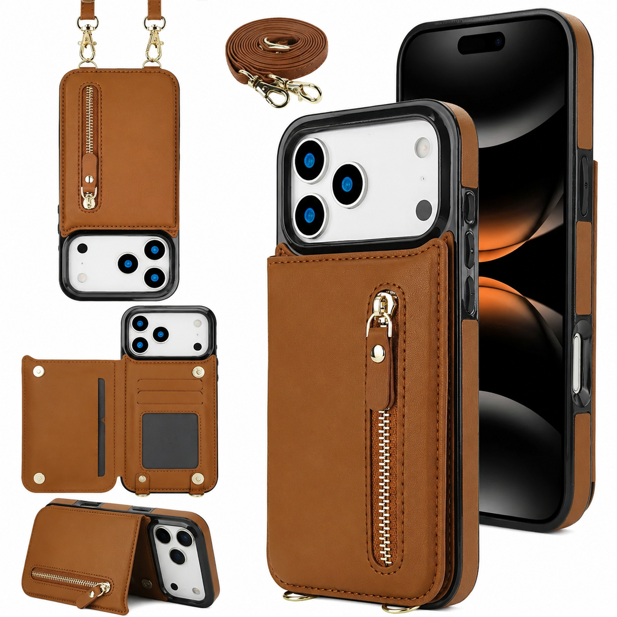Premium iPhone Case Crossbody Leather RFID Wallet Card Holder Zipper Pocket Lanyard Shockproof Protective Cover Anti Fingerprint Anti Scratch Secure Storage