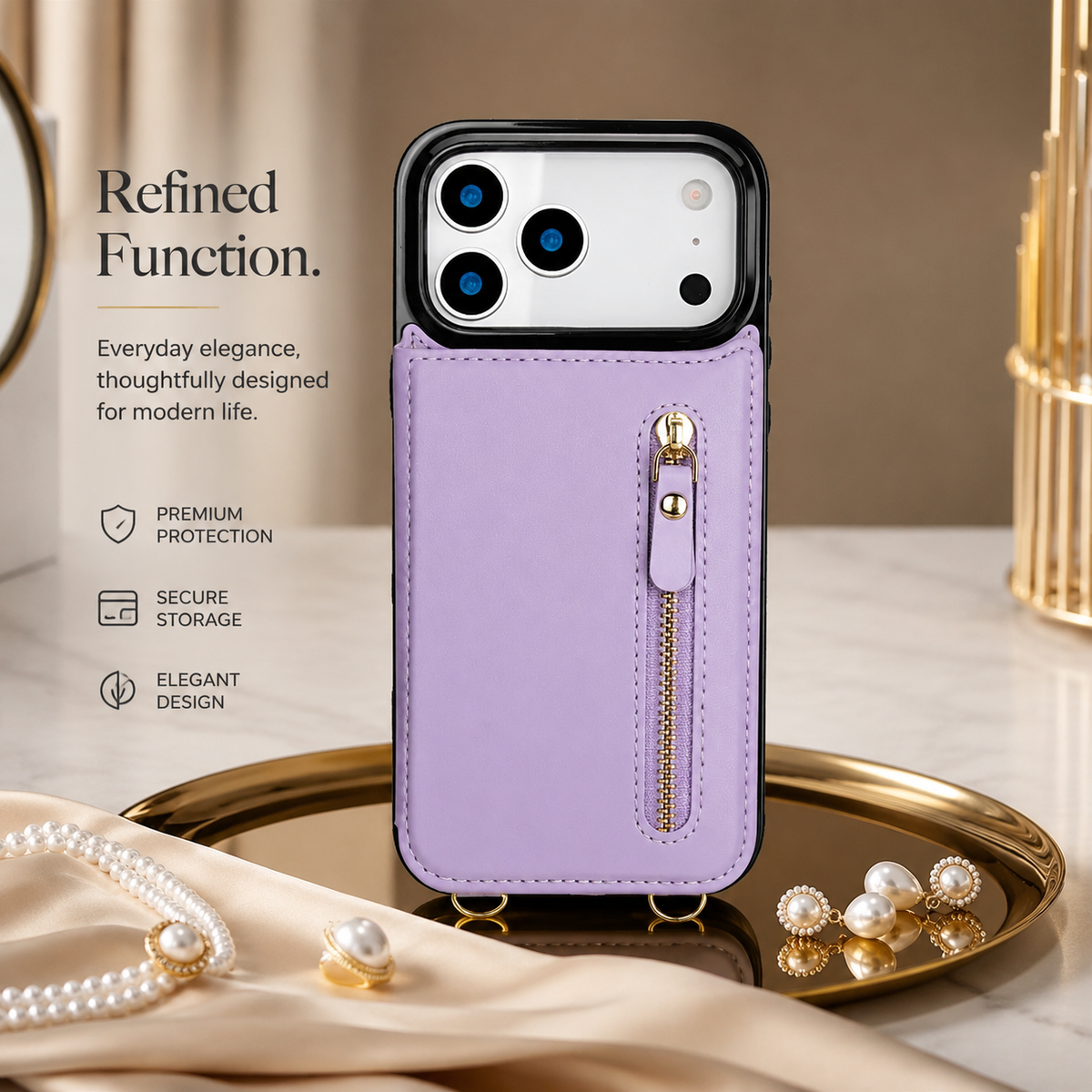 Premium iPhone Case Crossbody Leather RFID Wallet Card Holder Zipper Pocket Lanyard Shockproof Protective Cover Anti Fingerprint Anti Scratch Secure Storage