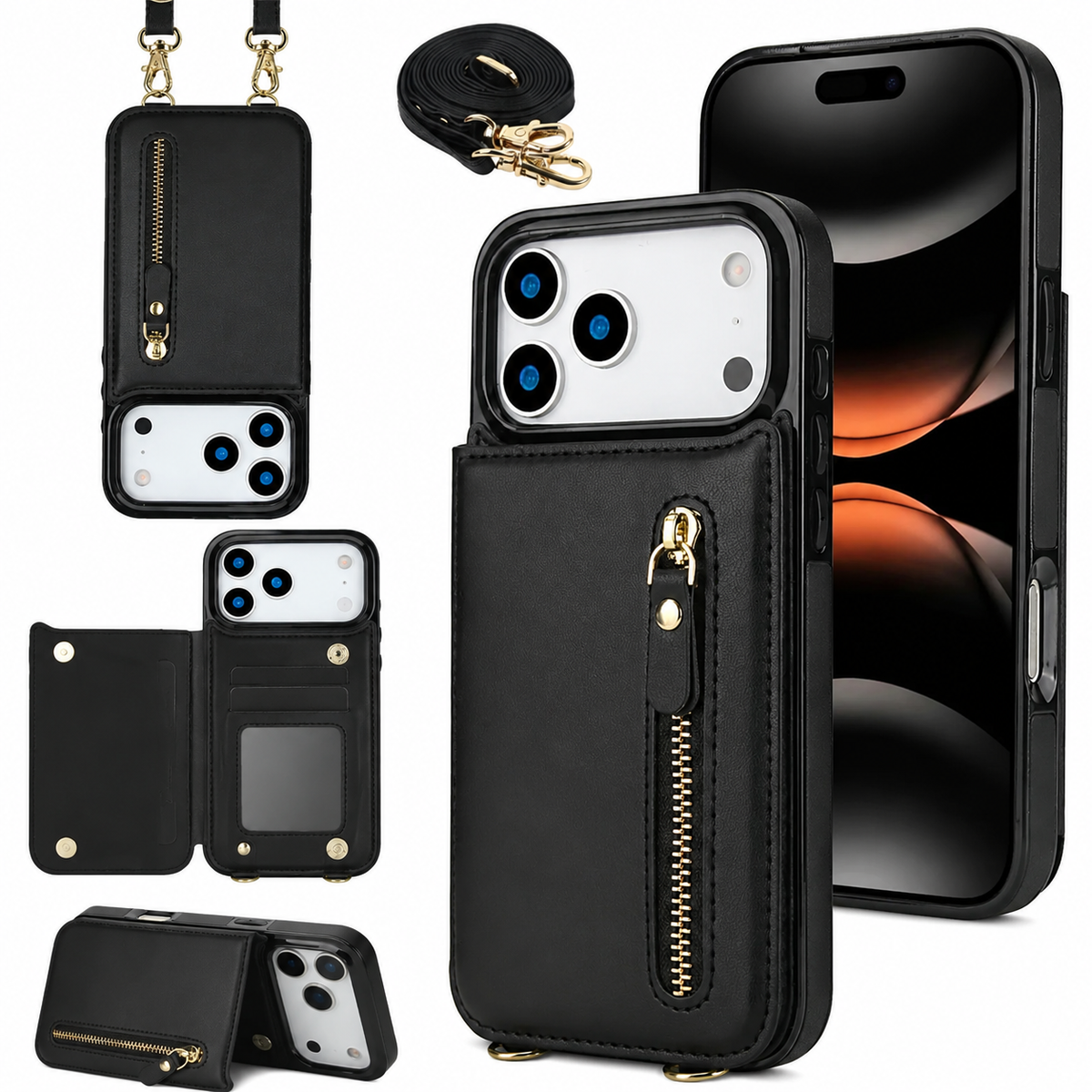 Premium iPhone Case Crossbody Leather RFID Wallet Card Holder Zipper Pocket Lanyard Shockproof Protective Cover Anti Fingerprint Anti Scratch Secure Storage