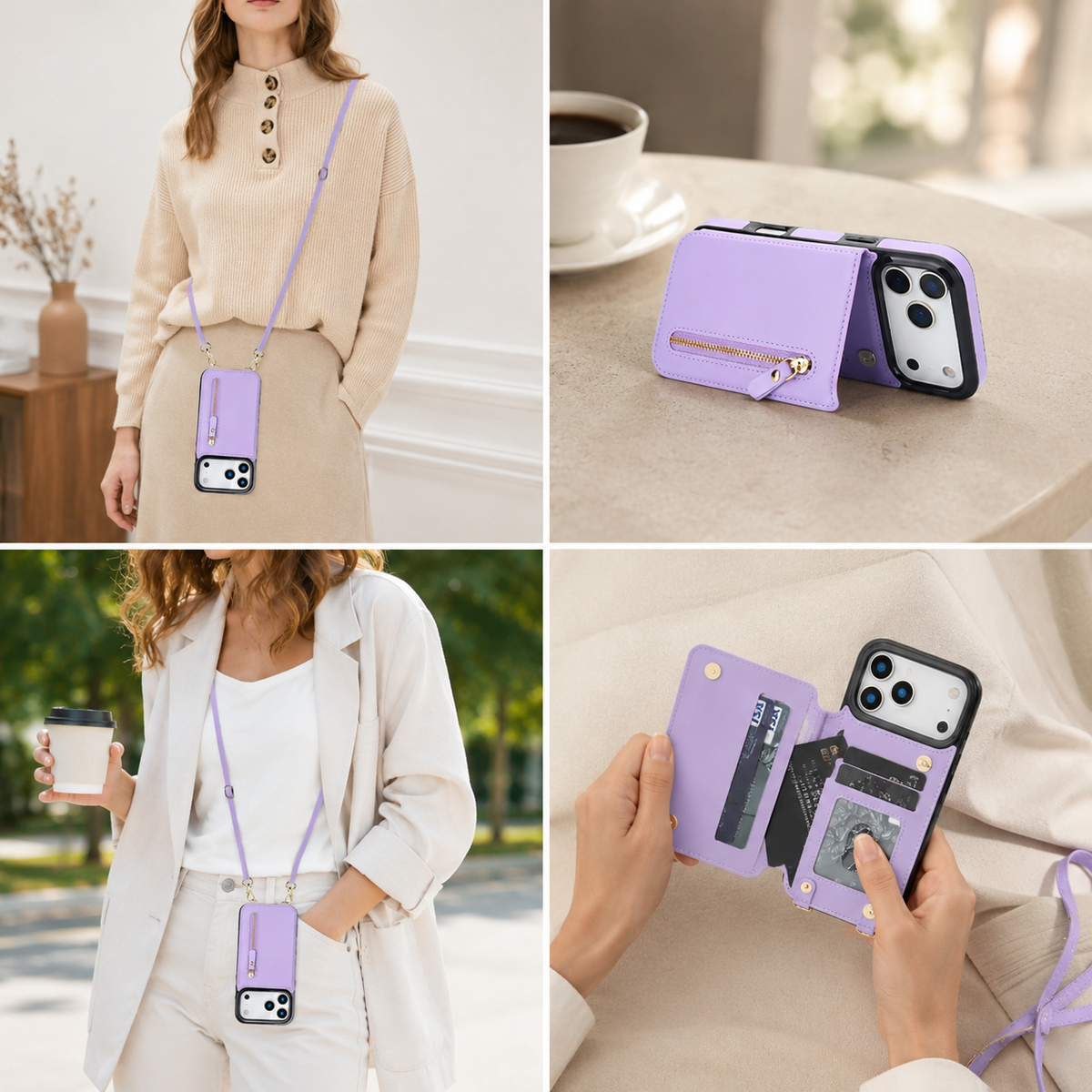 Premium iPhone Case Crossbody Leather RFID Wallet Card Holder Zipper Pocket Lanyard Shockproof Protective Cover Anti Fingerprint Slim Secure Storage