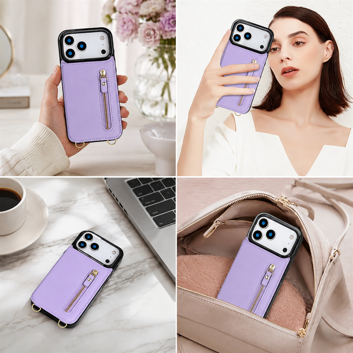 Premium iPhone Case Crossbody Leather RFID Wallet Card Holder Zipper Pocket Lanyard Shockproof Protective Cover Anti Fingerprint Slim Secure Storage
