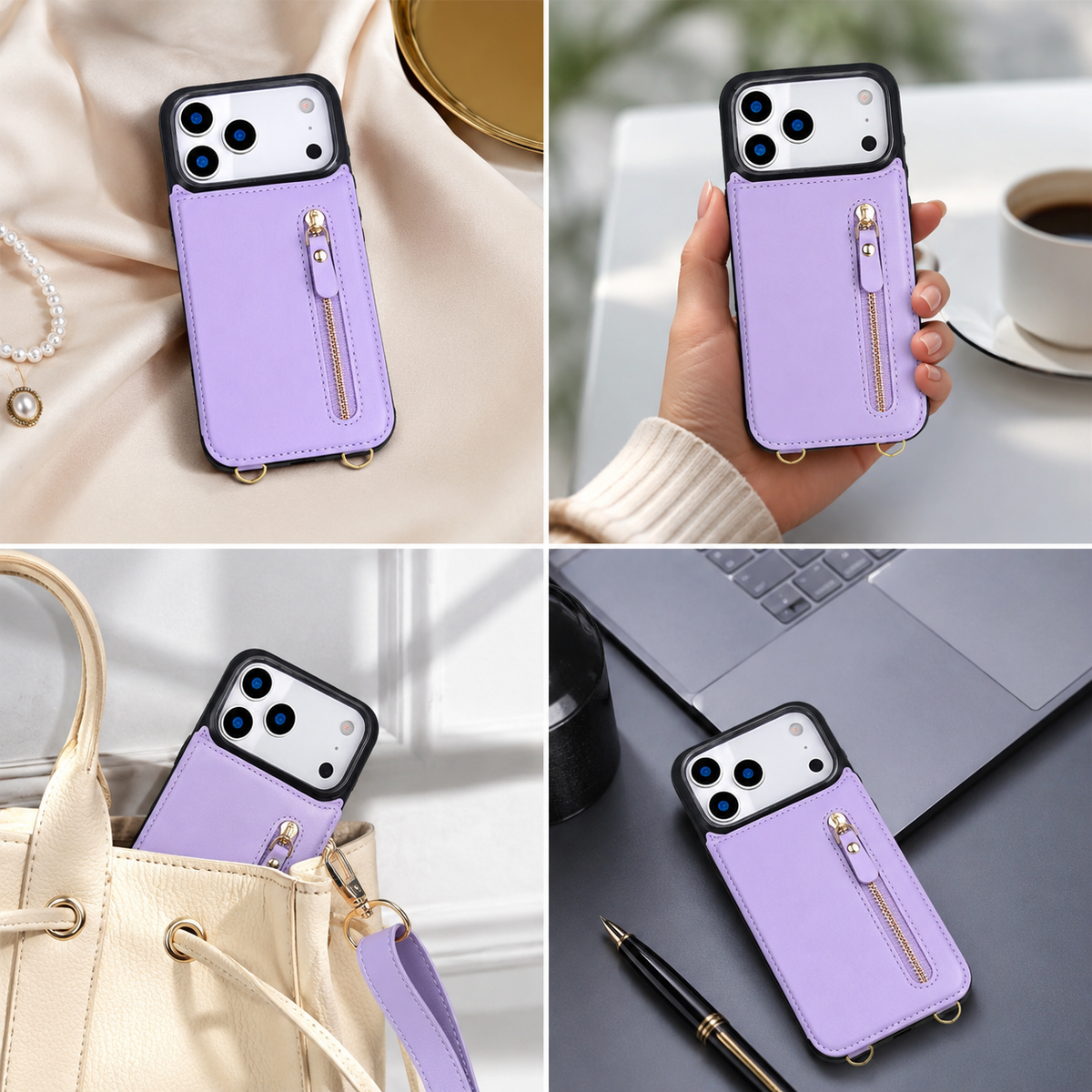 Premium iPhone Case Crossbody Leather RFID Wallet Card Holder Zipper Pocket Lanyard Shockproof Protective Cover Anti Fingerprint Slim Secure Storage