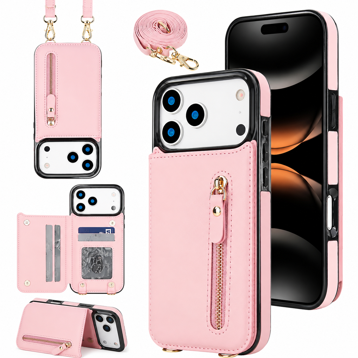 Premium iPhone Case Crossbody Leather RFID Wallet Card Holder Zipper Pocket Lanyard Shockproof Protective Cover Anti Fingerprint Slim Secure Storage