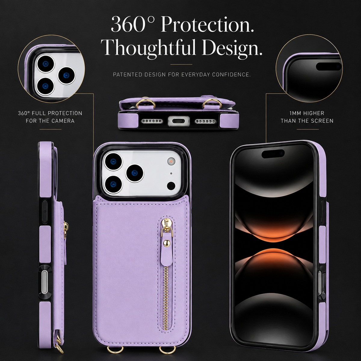 Premium iPhone Case Crossbody Leather RFID Wallet Card Holder Zipper Pocket Lanyard Shockproof Protective Cover Anti Fingerprint Slim Secure Storage