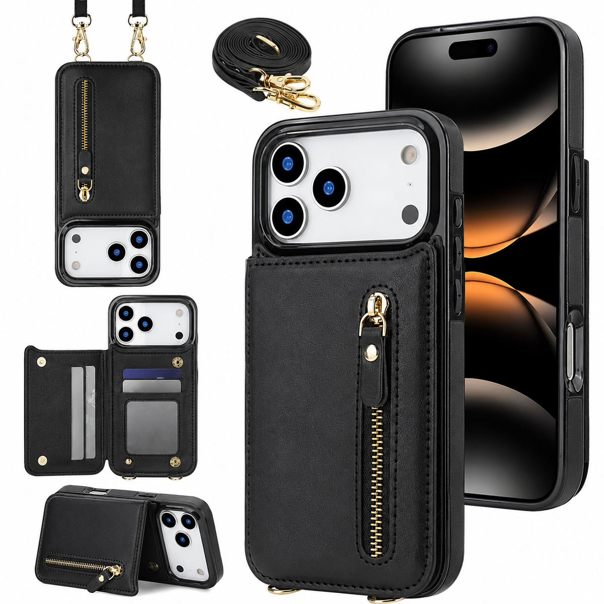 Premium iPhone Case Crossbody Leather RFID Wallet Card Holder Zipper Pocket Lanyard Shockproof Protective Cover Anti Fingerprint Slim Secure Storage