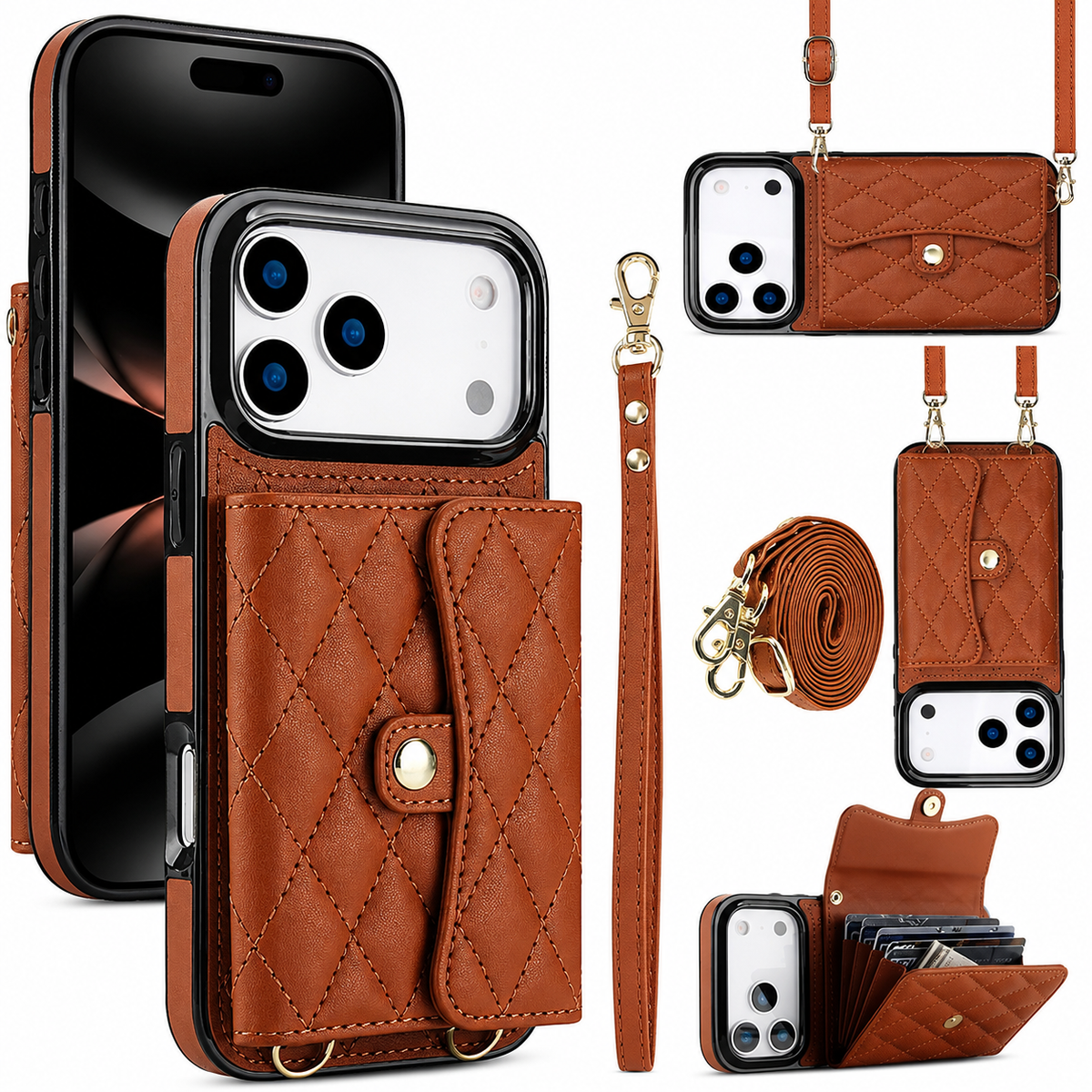 Premium iPhone Case Crossbody Leather Wallet Card Holder Coin Pocket Shoulder Strap Wrist Lanyard Shockproof Protective Cover Non Slip Secure Storage