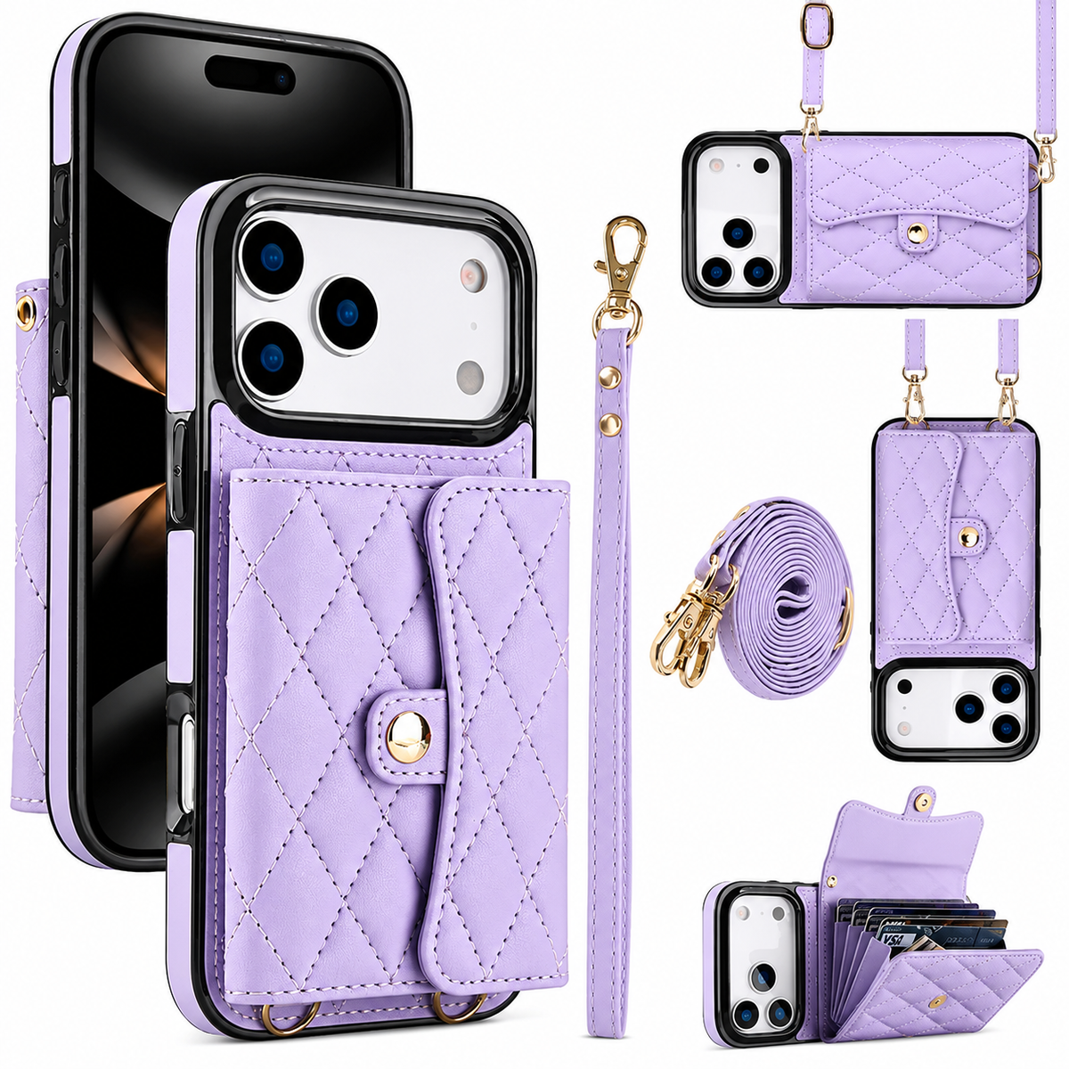 Premium iPhone Case Crossbody Leather Wallet Card Holder Coin Pocket Shoulder Strap Wrist Lanyard Shockproof Protective Cover Non Slip Secure Storage