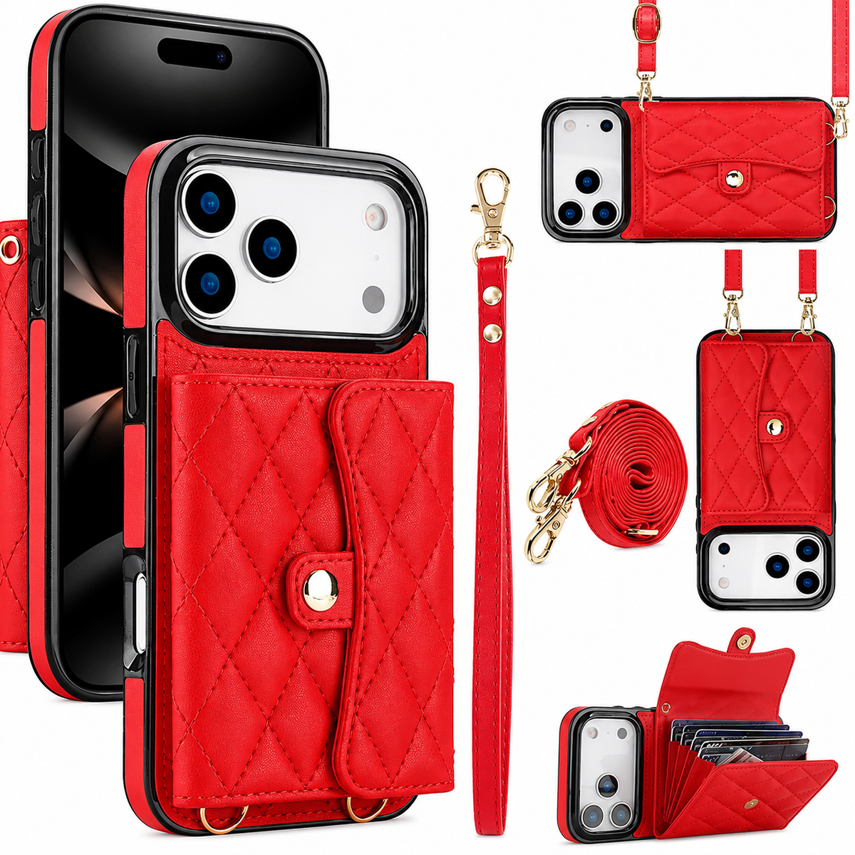 Premium iPhone Case Crossbody Leather Wallet Card Holder Coin Pocket Shoulder Strap Wrist Lanyard Shockproof Protective Cover Non Slip Secure Storage