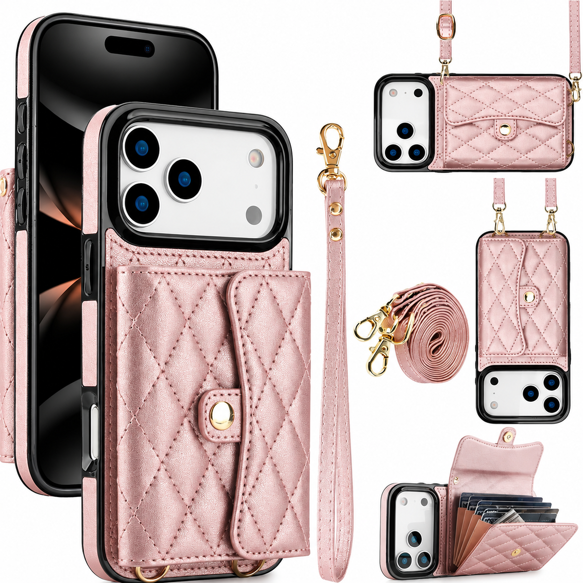 Premium iPhone Case Crossbody Leather Wallet Card Holder Coin Pocket Shoulder Strap Wrist Lanyard Shockproof Protective Cover Non Slip Secure Storage