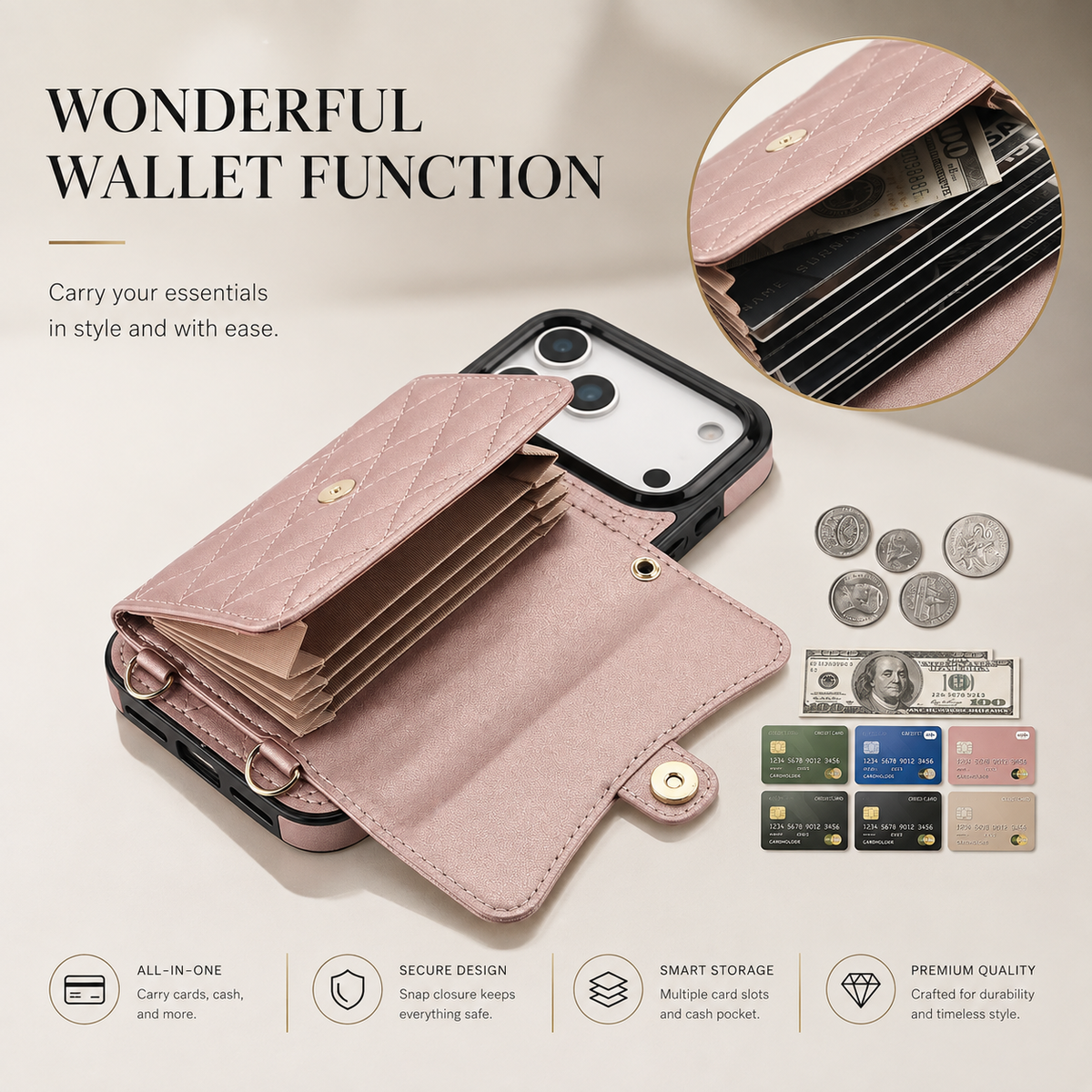 Premium iPhone Case Crossbody Leather Wallet Card Holder Coin Pocket Shoulder Strap Wrist Lanyard Shockproof Protective Cover Non Slip Secure Storage