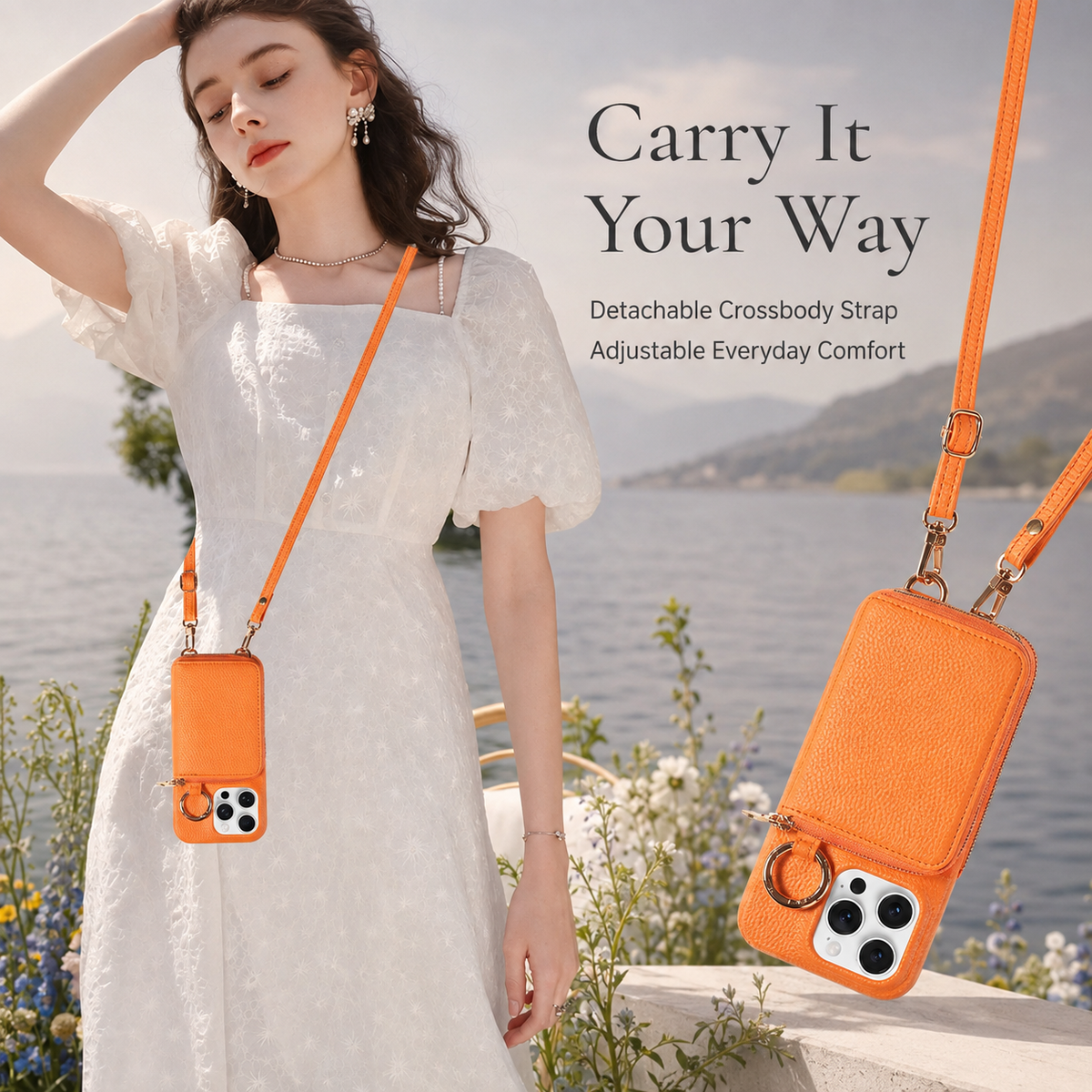 Premium iPhone Case Crossbody Leather Wallet Card Holder Ring Kickstand Lanyard Shockproof Protective Cover Anti Scratch Non Slip Slim Secure Storage