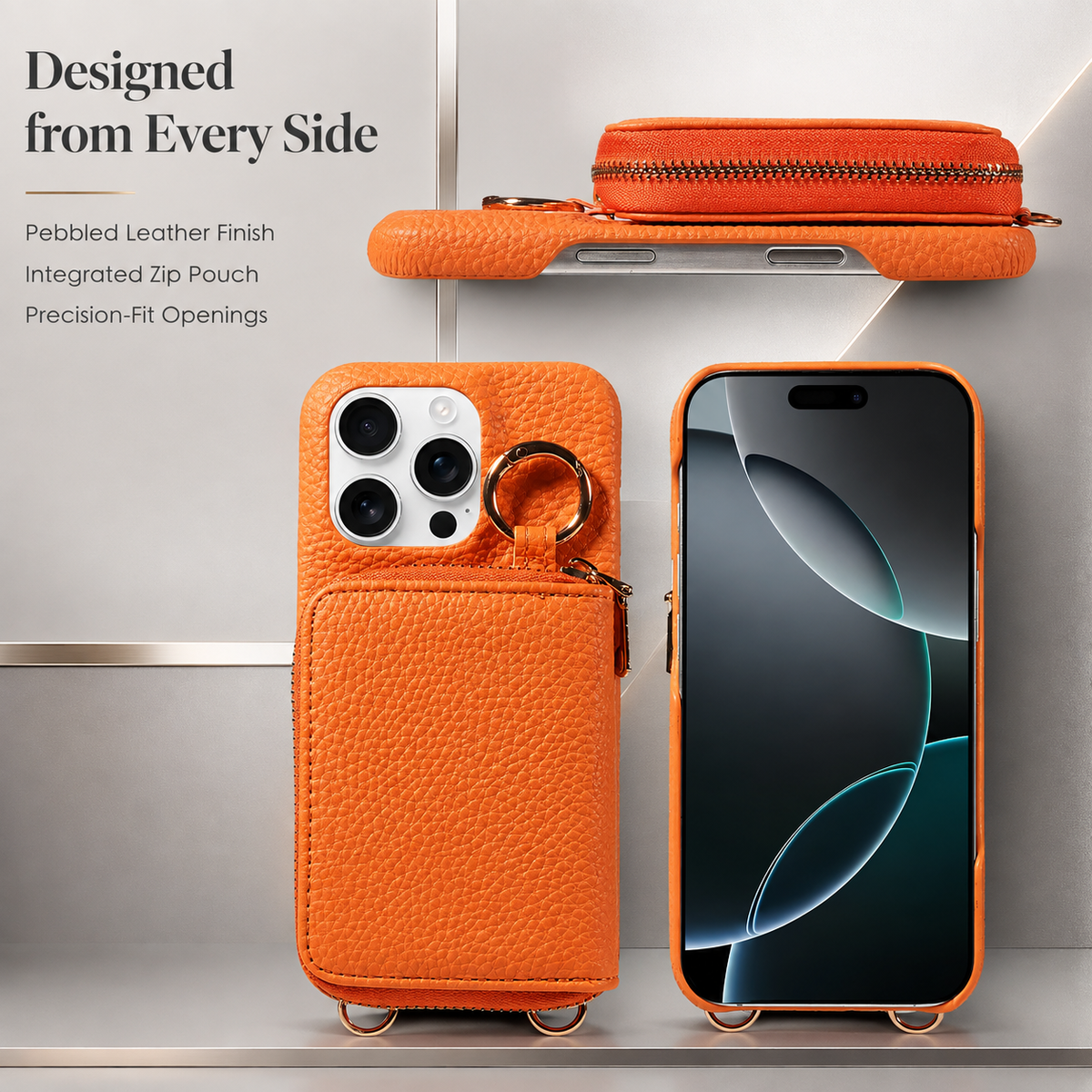 Premium iPhone Case Crossbody Leather Wallet Card Holder Ring Kickstand Lanyard Shockproof Protective Cover Anti Scratch Non Slip Slim Secure Storage