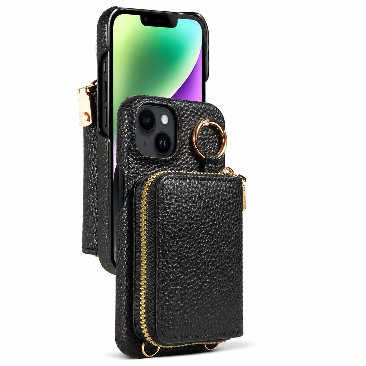 Premium iPhone Case Crossbody Leather Wallet Card Holder Ring Kickstand Lanyard Shockproof Protective Cover Anti Scratch Non Slip Slim Secure Storage