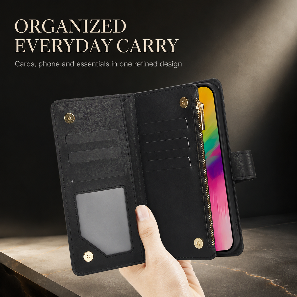 Premium iPhone Case Crossbody Leather Wallet Card Holder Zipper Pocket Chain Strap Magnetic Closure Kickstand Shockproof Anti Scratch Secure Storage