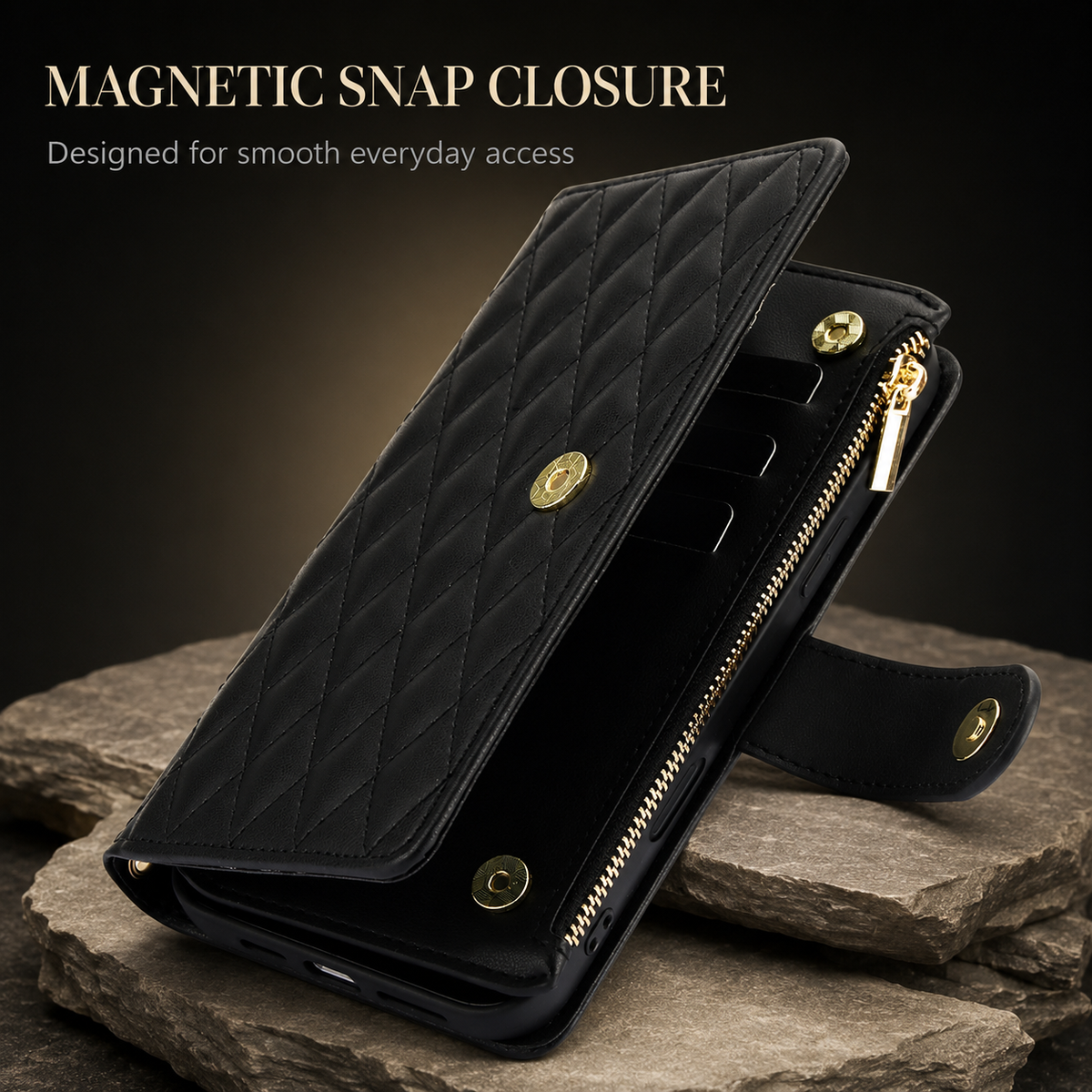 Premium iPhone Case Crossbody Leather Wallet Card Holder Zipper Pocket Chain Strap Magnetic Closure Kickstand Shockproof Anti Scratch Secure Storage