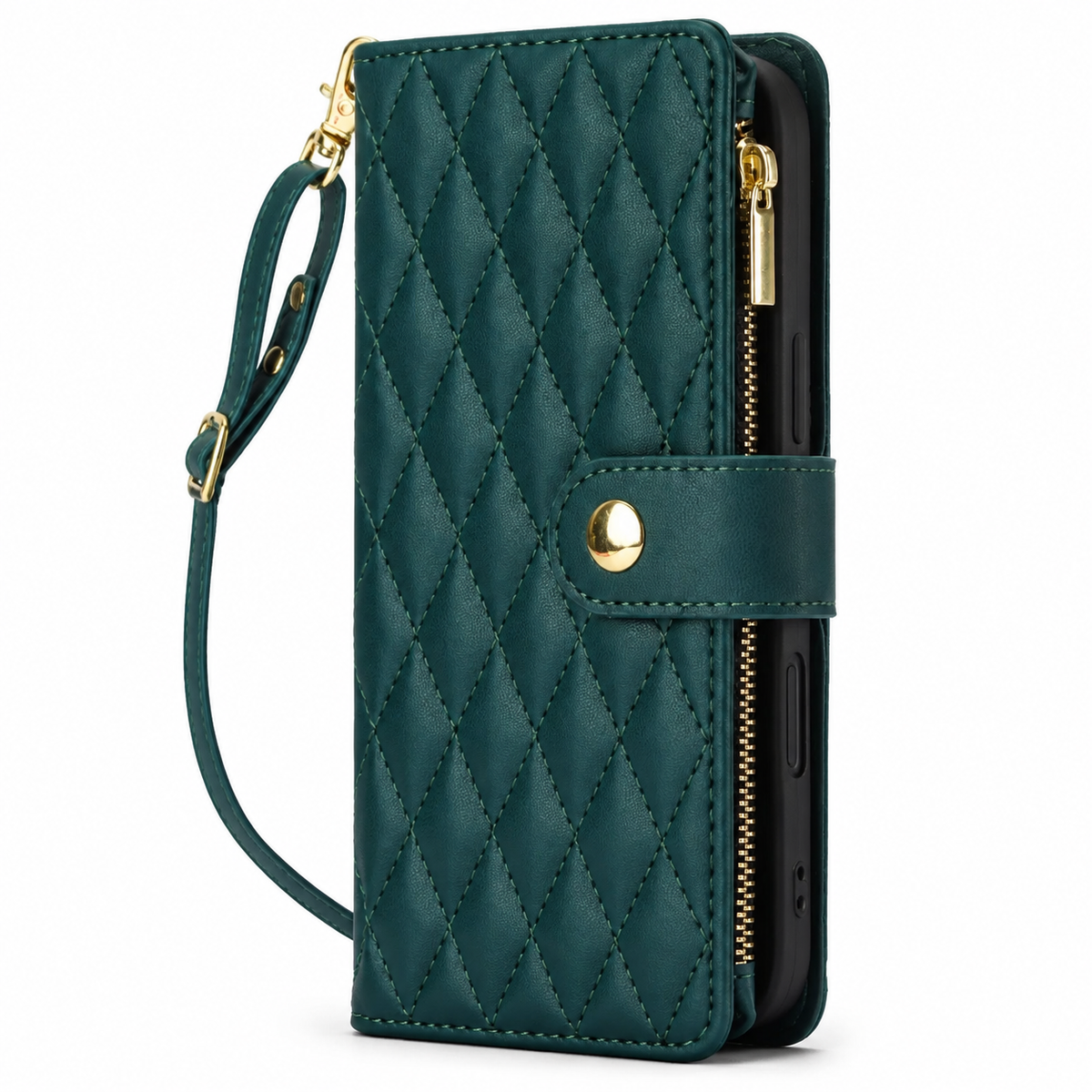 Premium iPhone Case Crossbody Leather Wallet Card Holder Zipper Pocket Chain Strap Magnetic Closure Kickstand Shockproof Anti Scratch Secure Storage