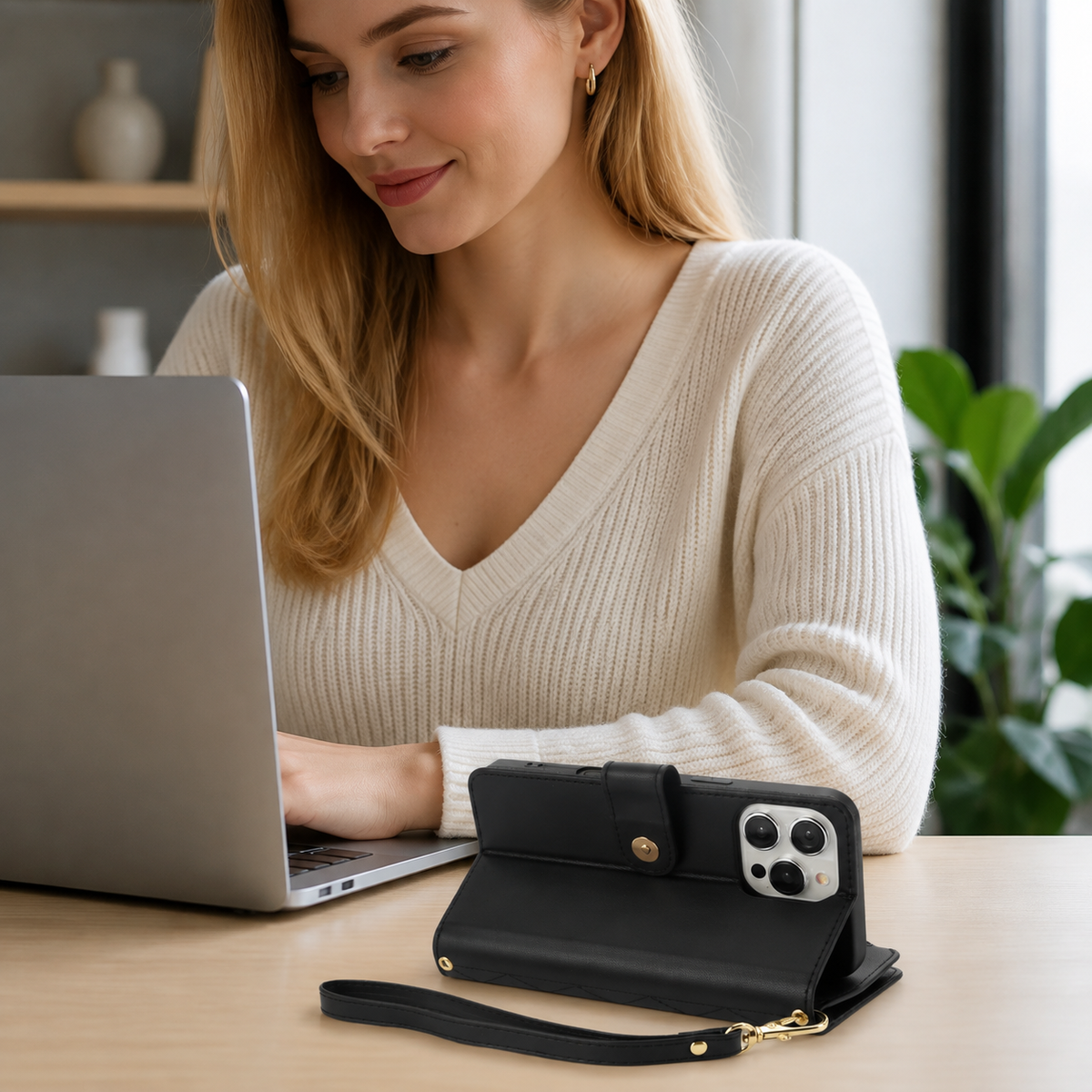 Premium iPhone Case Crossbody Leather Wallet Card Holder Zipper Pocket Chain Strap Magnetic Closure Kickstand Shockproof Anti Scratch Secure Storage
