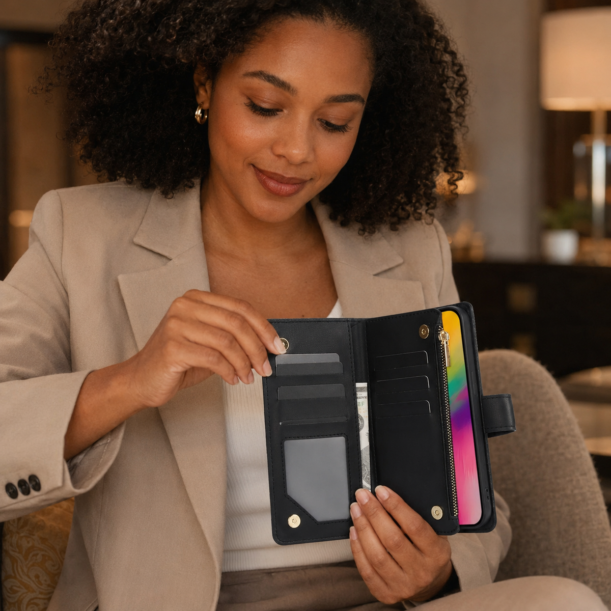 Premium iPhone Case Crossbody Leather Wallet Card Holder Zipper Pocket Chain Strap Magnetic Closure Kickstand Shockproof Anti Scratch Secure Storage