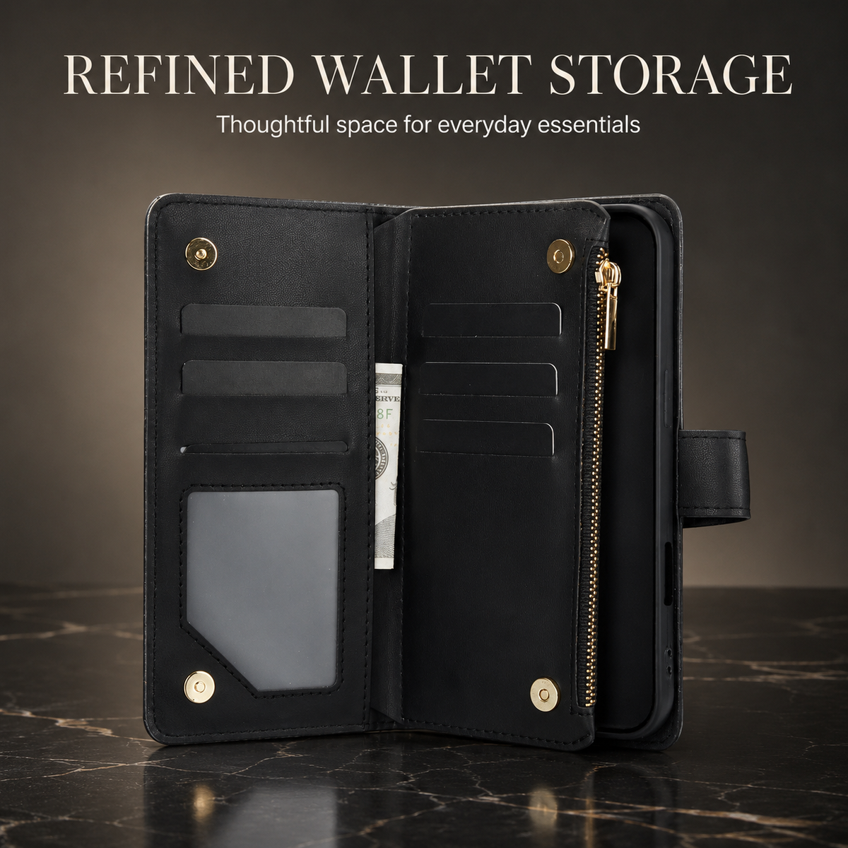 Premium iPhone Case Crossbody Leather Wallet Card Holder Zipper Pocket Chain Strap Magnetic Closure Kickstand Shockproof Anti Scratch Secure Storage