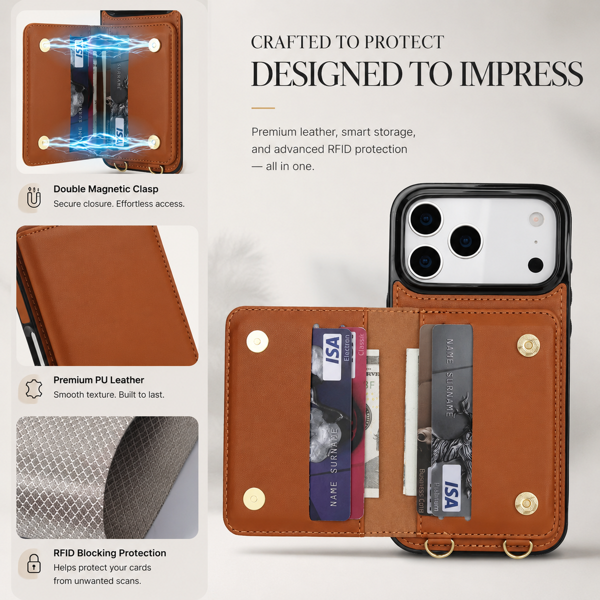 Premium iPhone Case Crossbody Leather Wallet RFID Card Holder Strap Pocket Kickstand Protective Flip Cover Shockproof Storage Phone Case