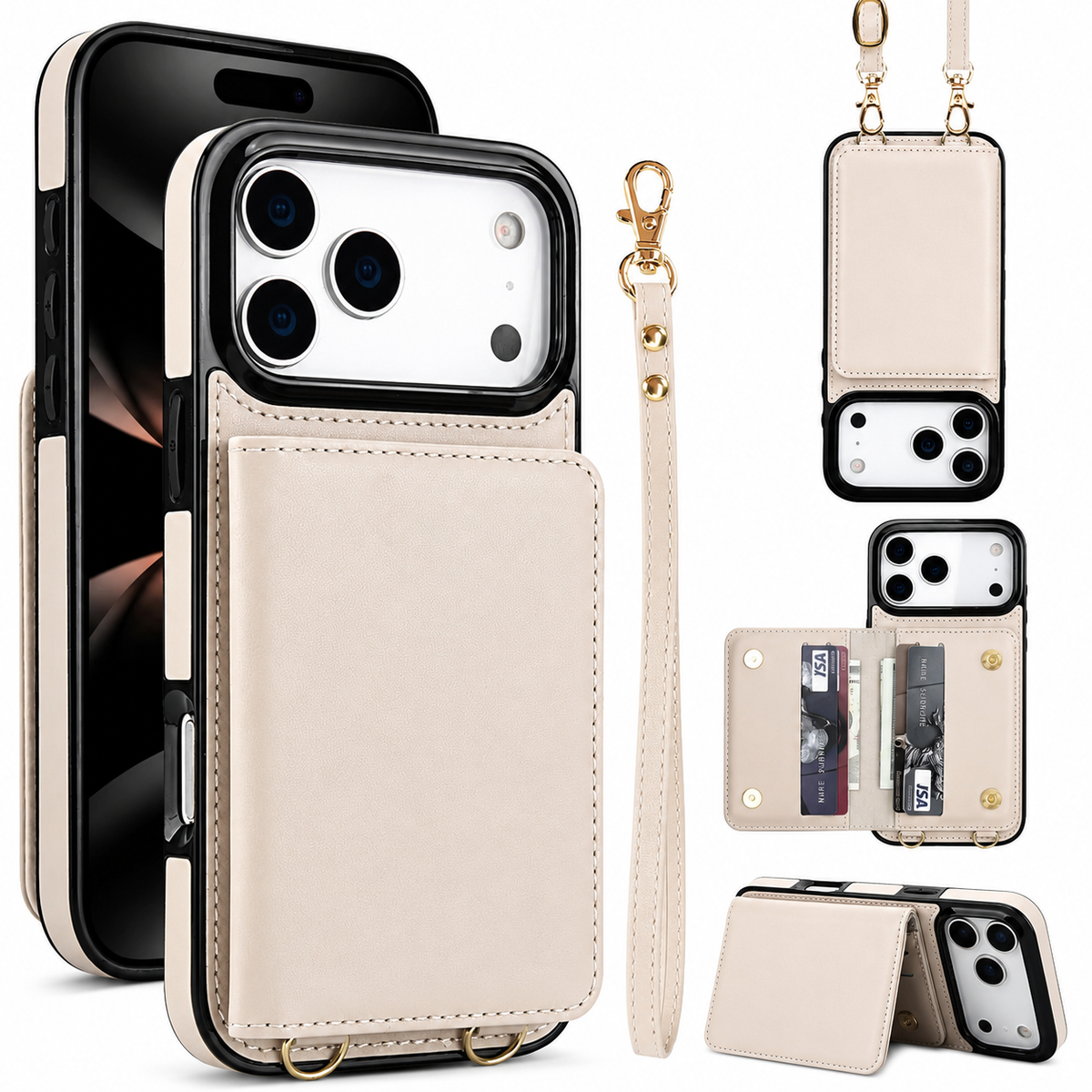 Premium iPhone Case Crossbody Leather Wallet RFID Card Holder Strap Pocket Kickstand Protective Flip Cover Shockproof Storage Phone Case