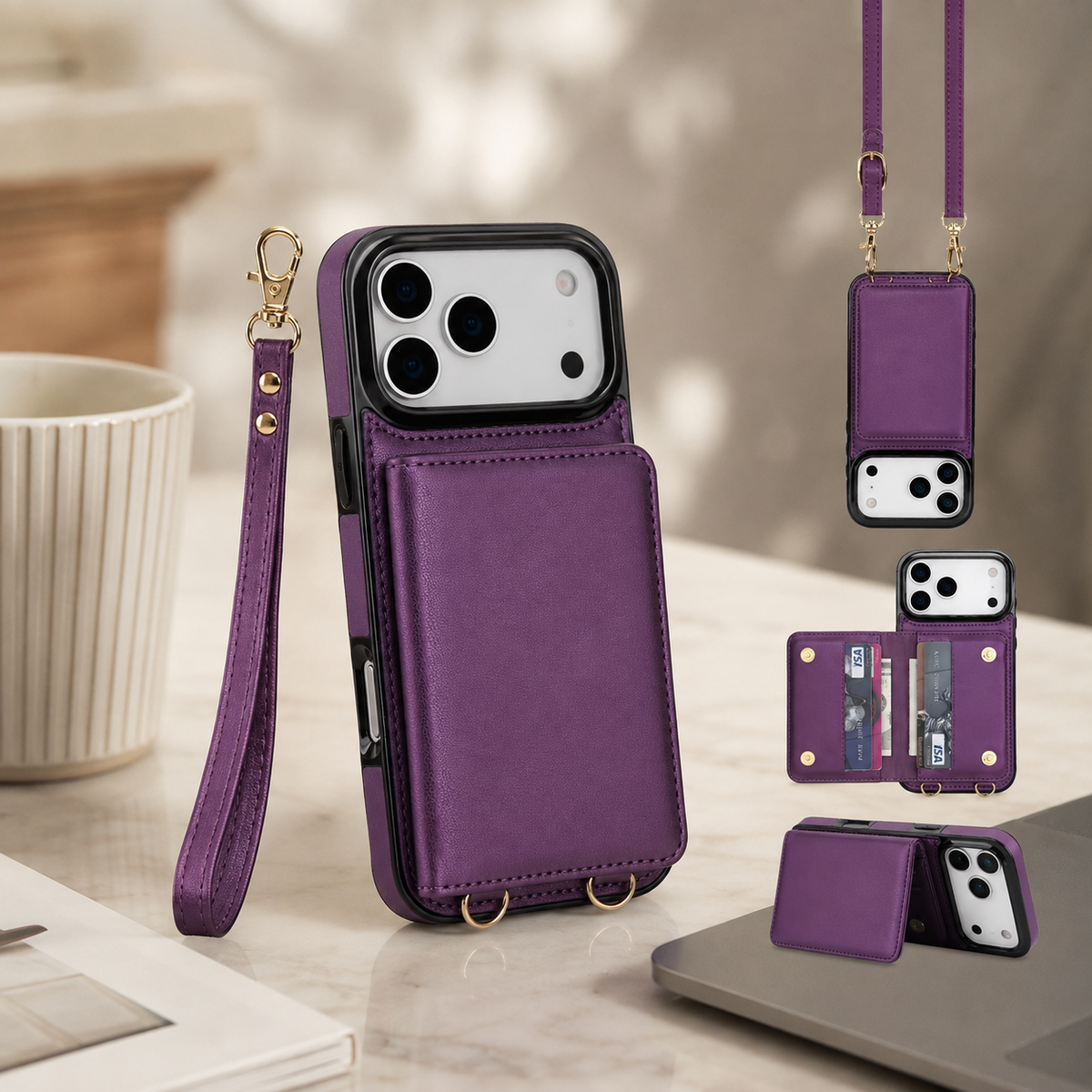 Premium iPhone Case Crossbody Leather Wallet RFID Card Holder Strap Pocket Kickstand Protective Flip Cover Shockproof Storage Phone Case