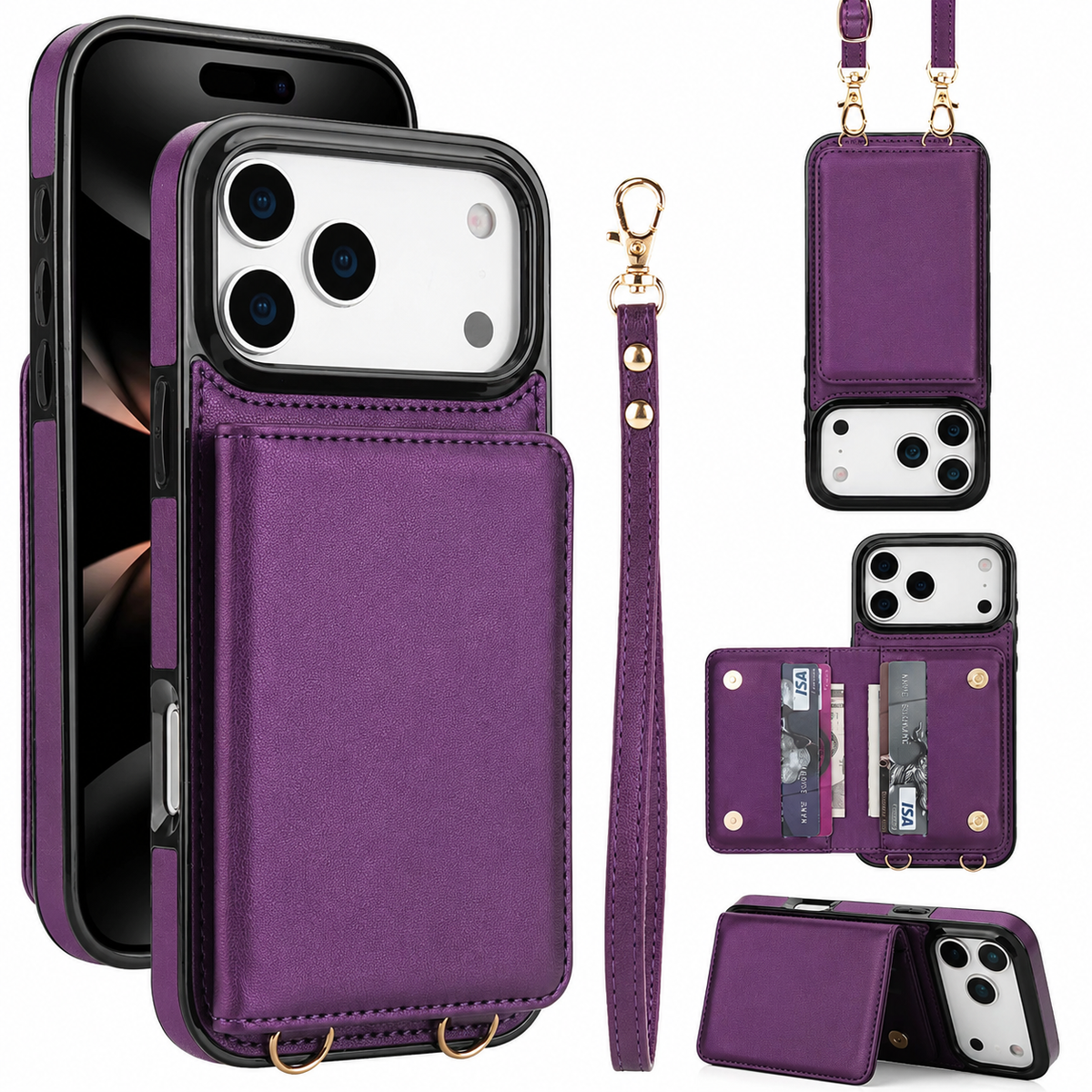Premium iPhone Case Crossbody Leather Wallet RFID Card Holder Strap Pocket Kickstand Protective Flip Cover Shockproof Storage Phone Case