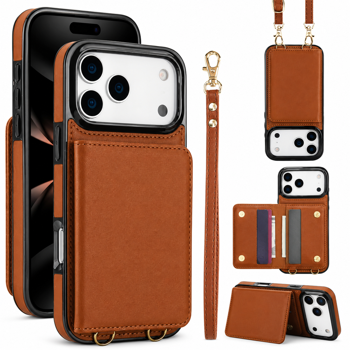 Premium iPhone Case Crossbody Leather Wallet RFID Card Holder Strap Pocket Kickstand Protective Flip Cover Shockproof Storage Phone Case