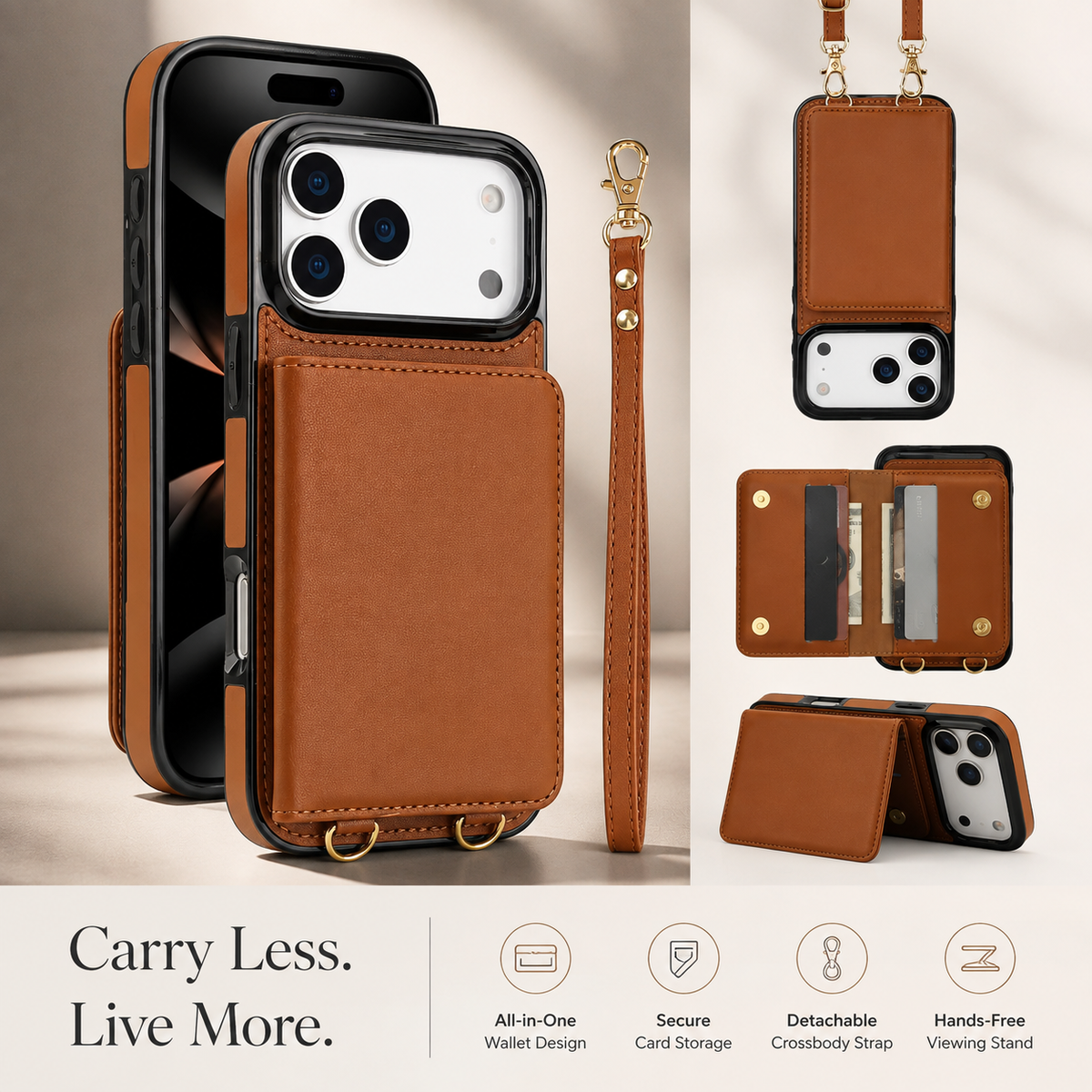 Premium iPhone Case Crossbody Leather Wallet RFID Card Holder Strap Pocket Kickstand Protective Flip Cover Shockproof Storage Phone Case