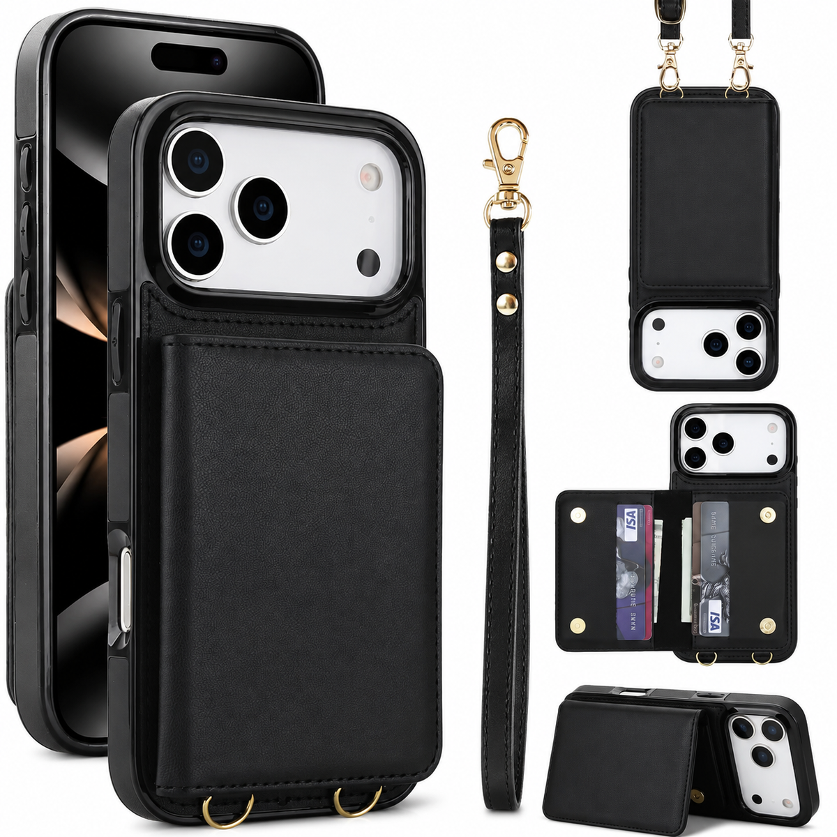 Premium iPhone Case Crossbody Leather Wallet RFID Card Holder Strap Pocket Kickstand Protective Flip Cover Shockproof Storage Phone Case