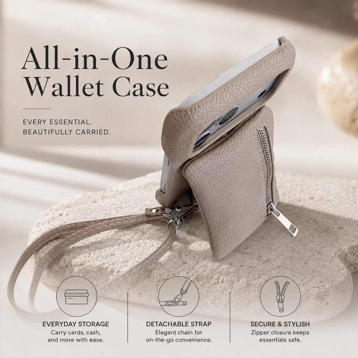 Premium iPhone Case Crossbody Leather Zippered Wallet Card Holder Protective Cover Shockproof Anti Scratch Strap Storage Slim Travel Phone Case Design